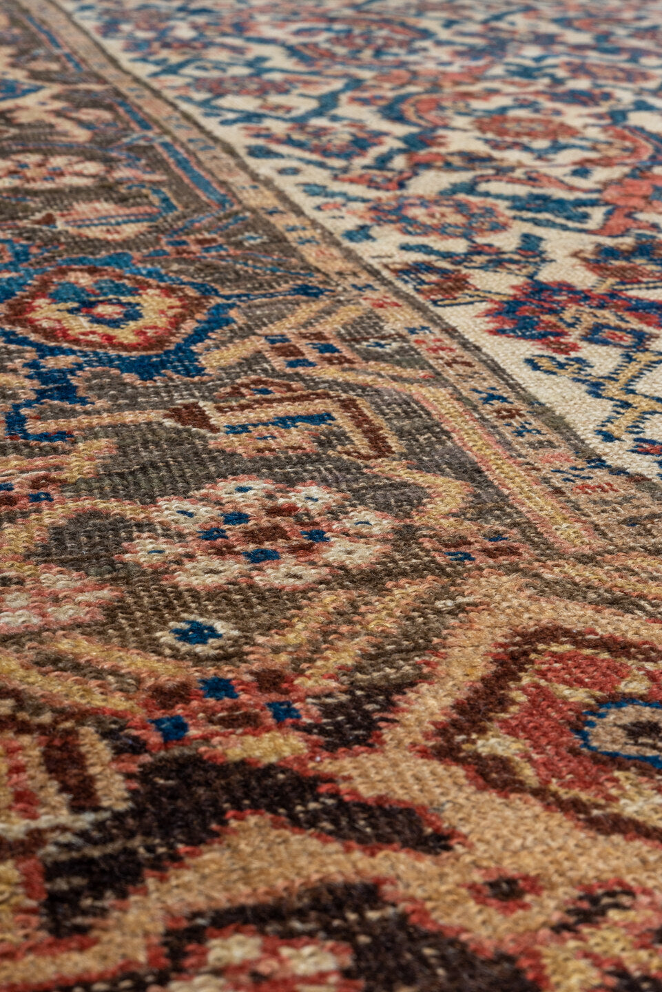 4' x 7' one-of-a-kind handmade antique Bidjar rug. Color palette: ivory, indigo, taupe, rust, rose, camel, charcoal, purple