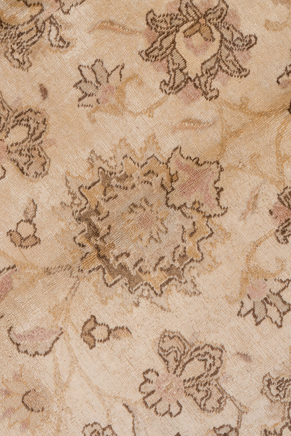 7' x 10' one-of-a-kind handmade antique Tabriz large size rug. Color palette: ivory, blush, taupe, camel, rose, beige, brown