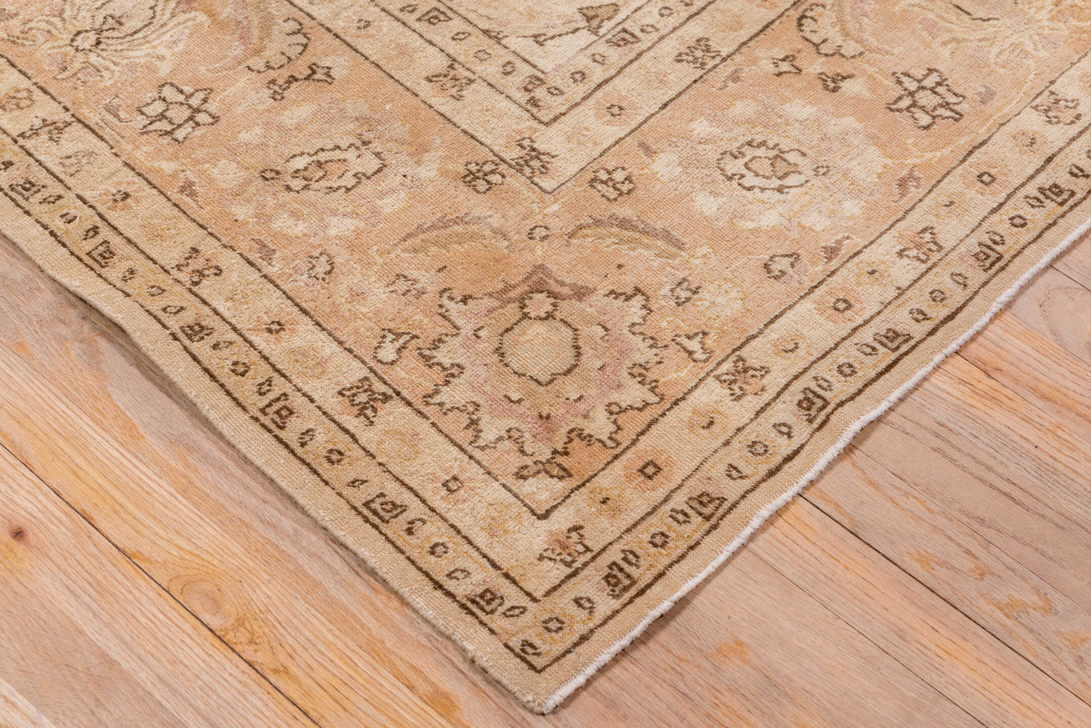 7' x 10' one-of-a-kind handmade antique Tabriz large size rug. Color palette: ivory, blush, taupe, camel, rose, beige, brown