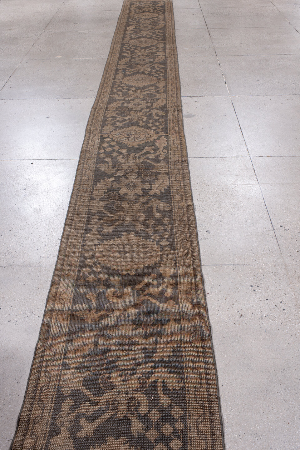 2' x 23' one-of-a-kind handmade antique Oushak runner rug. Color palette: taupe, brown, charcoal, beige, camel, gray, black