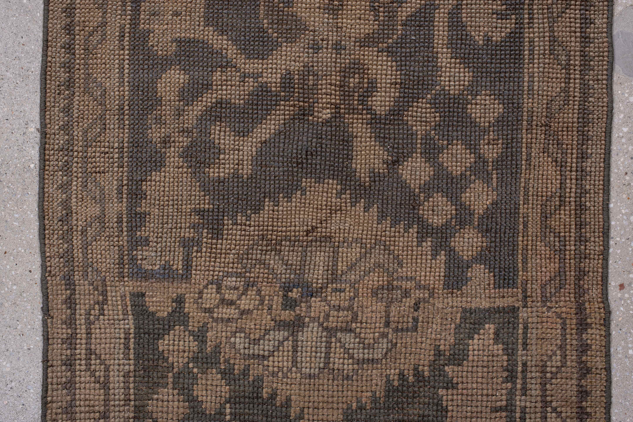 2' x 23' one-of-a-kind handmade vintage Oushak runner rug. Color palette: brown, dim gray, gray, light gray, off-white, pink