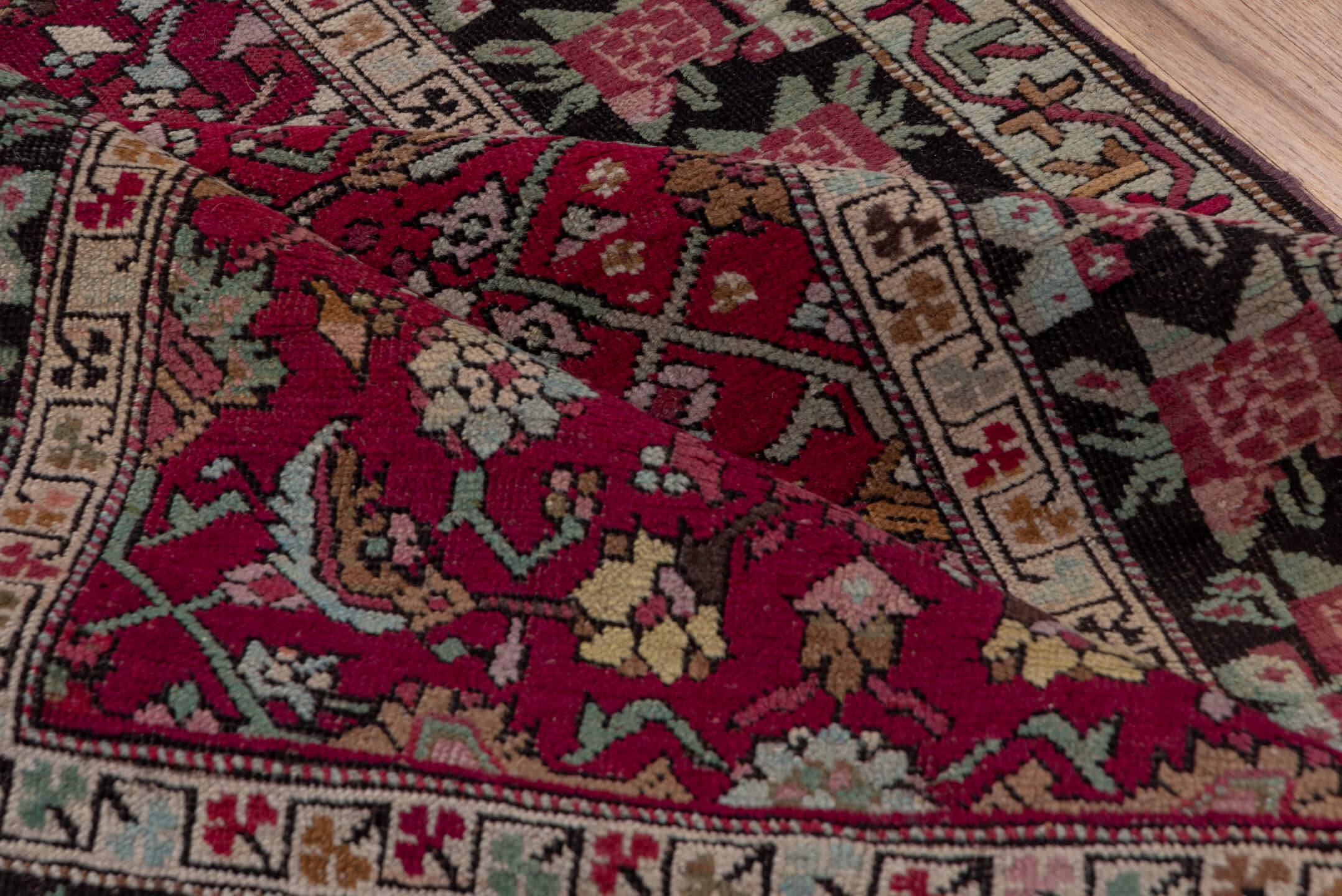 4' x 19' one-of-a-kind handmade vintage Karabagh runner rug. Color palette: brown, gray, pink, red