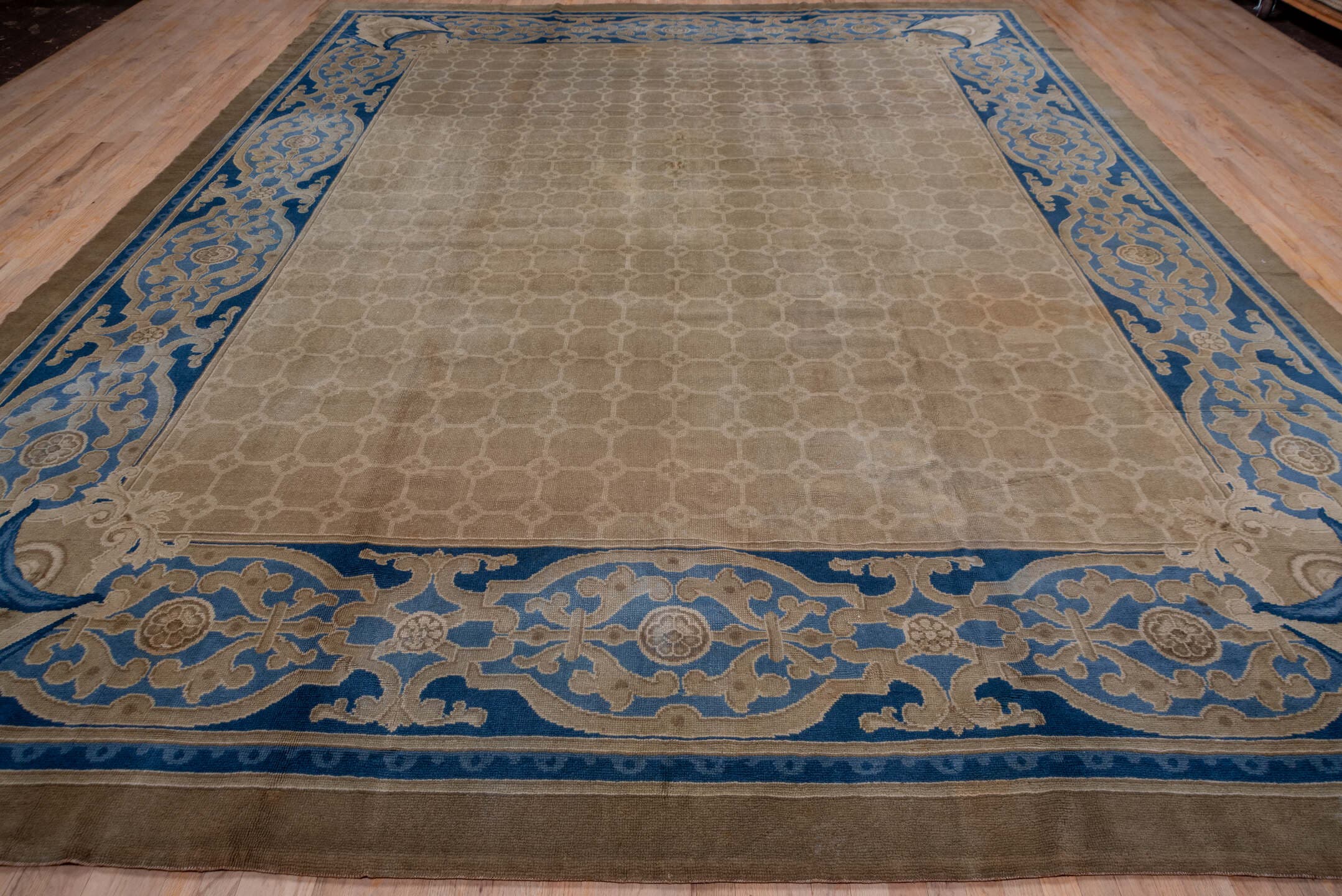 12' x 15' one-of-a-kind handmade antique European oversize rug. Color palette: taupe, blue, ivory, beige, camel, gray