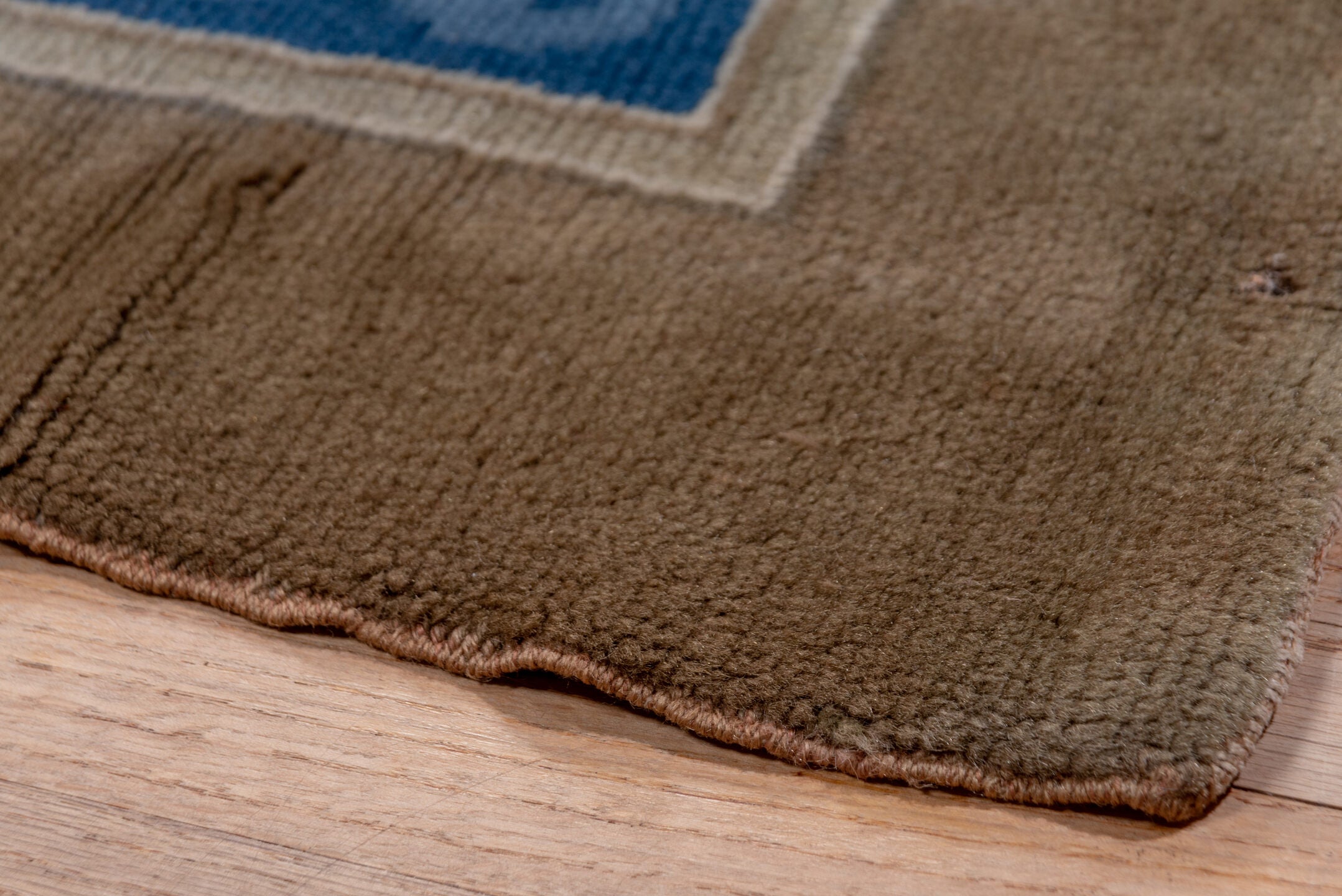 12' x 15' one-of-a-kind handmade vintage European oversize rug. Color palette: blue, brown, fiord, gray, pink, slate gray