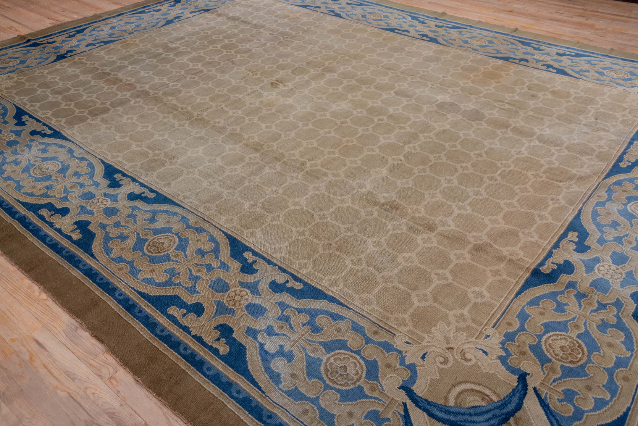 12' x 15' one-of-a-kind handmade antique European oversize rug. Color palette: taupe, blue, ivory, beige, camel, gray