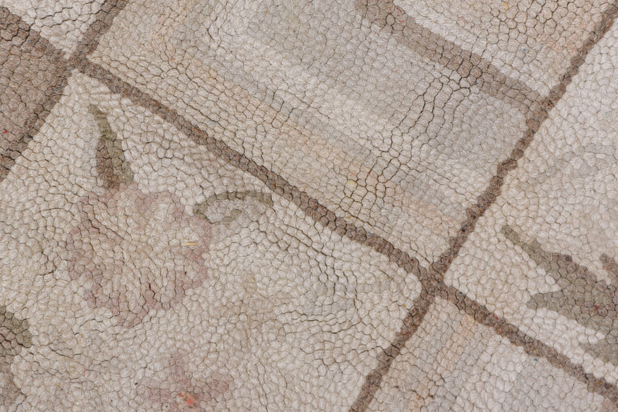 9' x 13' one-of-a-kind handmade vintage Hooked large size rug. Color palette: brown, gray, light gray, off-white, pink