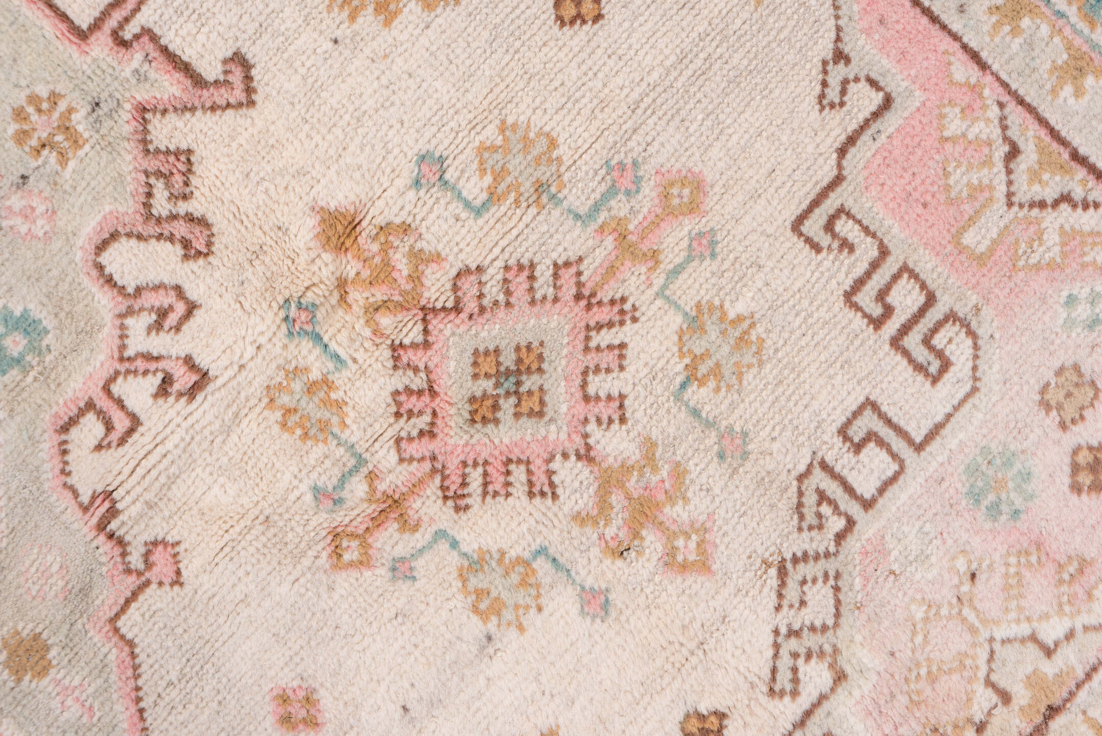 7' x 10' one-of-a-kind handmade antique Oushak large size rug. Color palette: blush, ivory, taupe, camel, sage, gold, rose