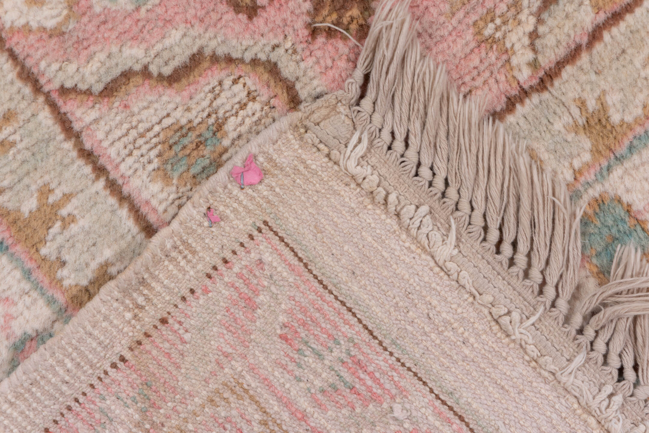 7' x 10' one-of-a-kind handmade antique Oushak large size rug. Color palette: blush, ivory, taupe, camel, sage, gold, rose