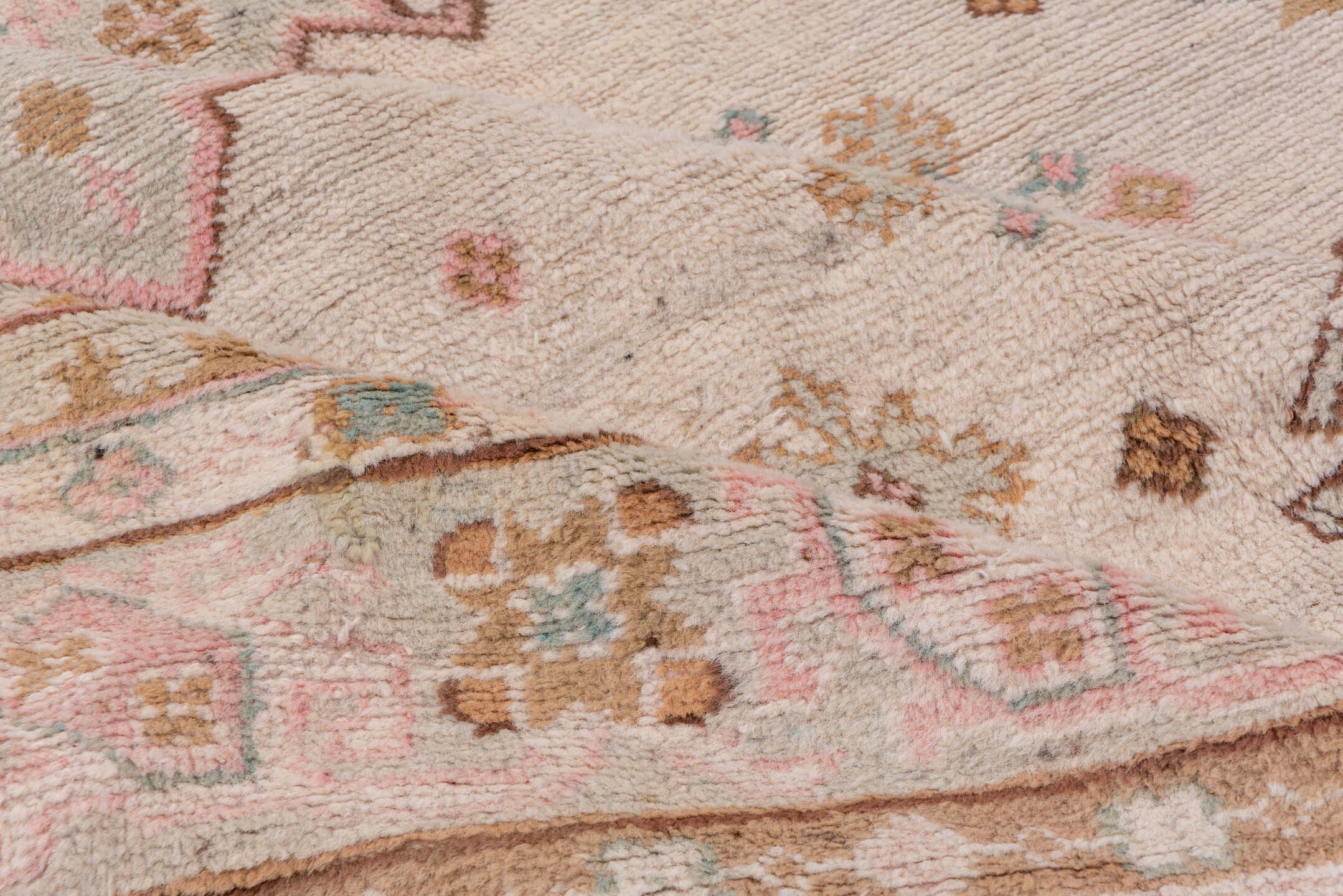 7' x 10' one-of-a-kind handmade antique Oushak large size rug. Color palette: blush, ivory, taupe, camel, sage, gold, rose