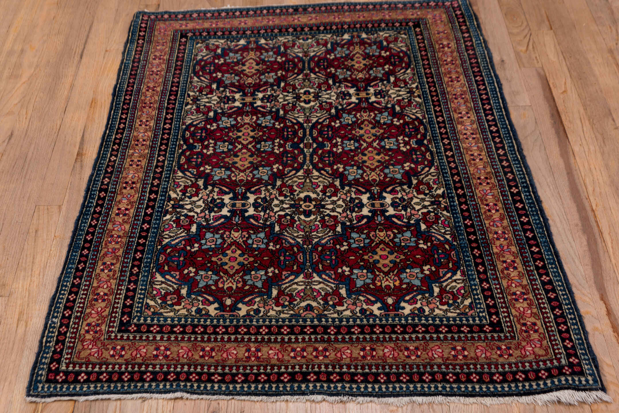 3' x 4' one-of-a-kind handmade vintage Isfahan small size rug. Color palette: black, blue, brown, charcoal, dim gray, gray