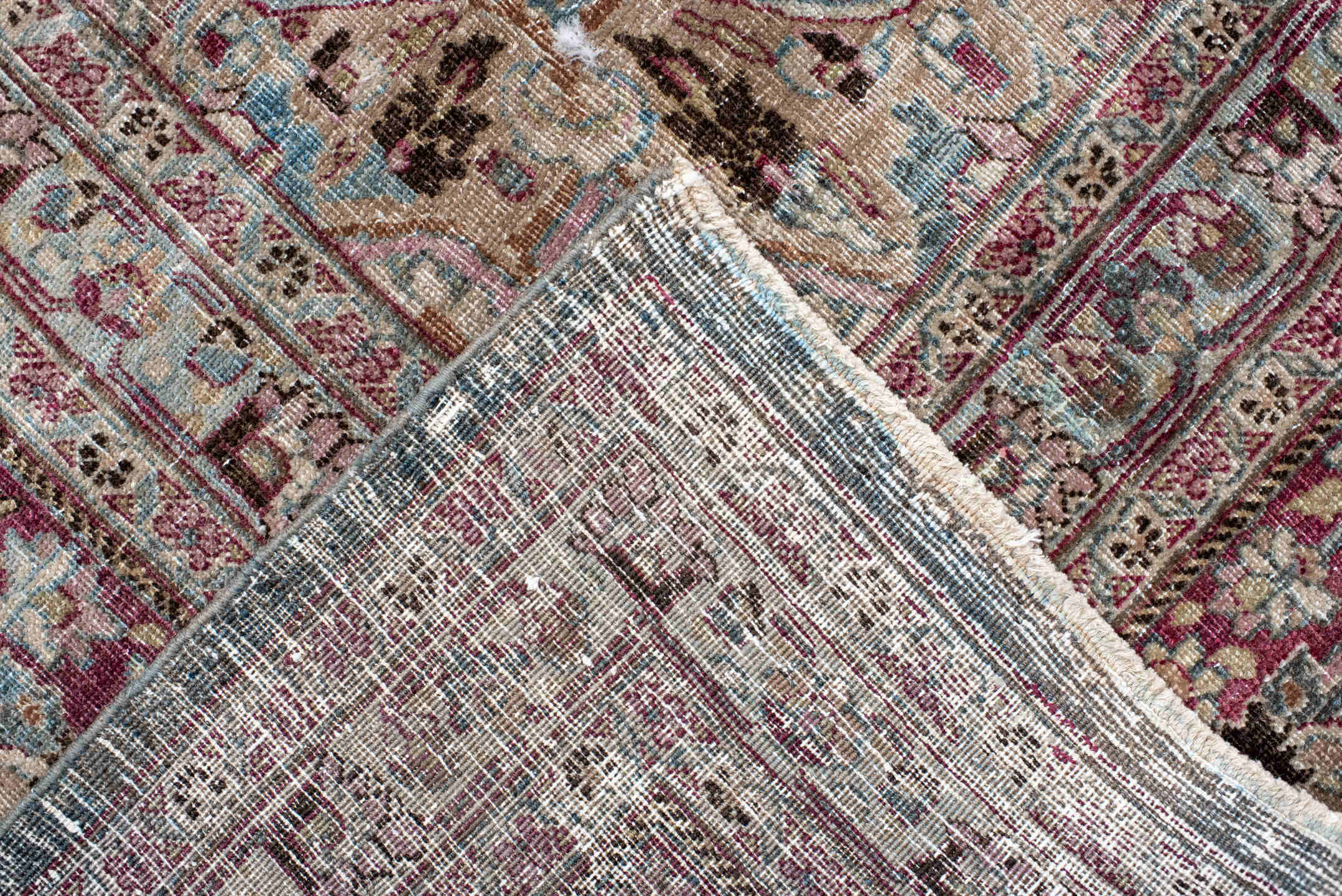 11' x 15' one-of-a-kind handmade antique Meshed oversize rug. Color palette: sky blue, burgundy, ivory, rose, taupe, slate