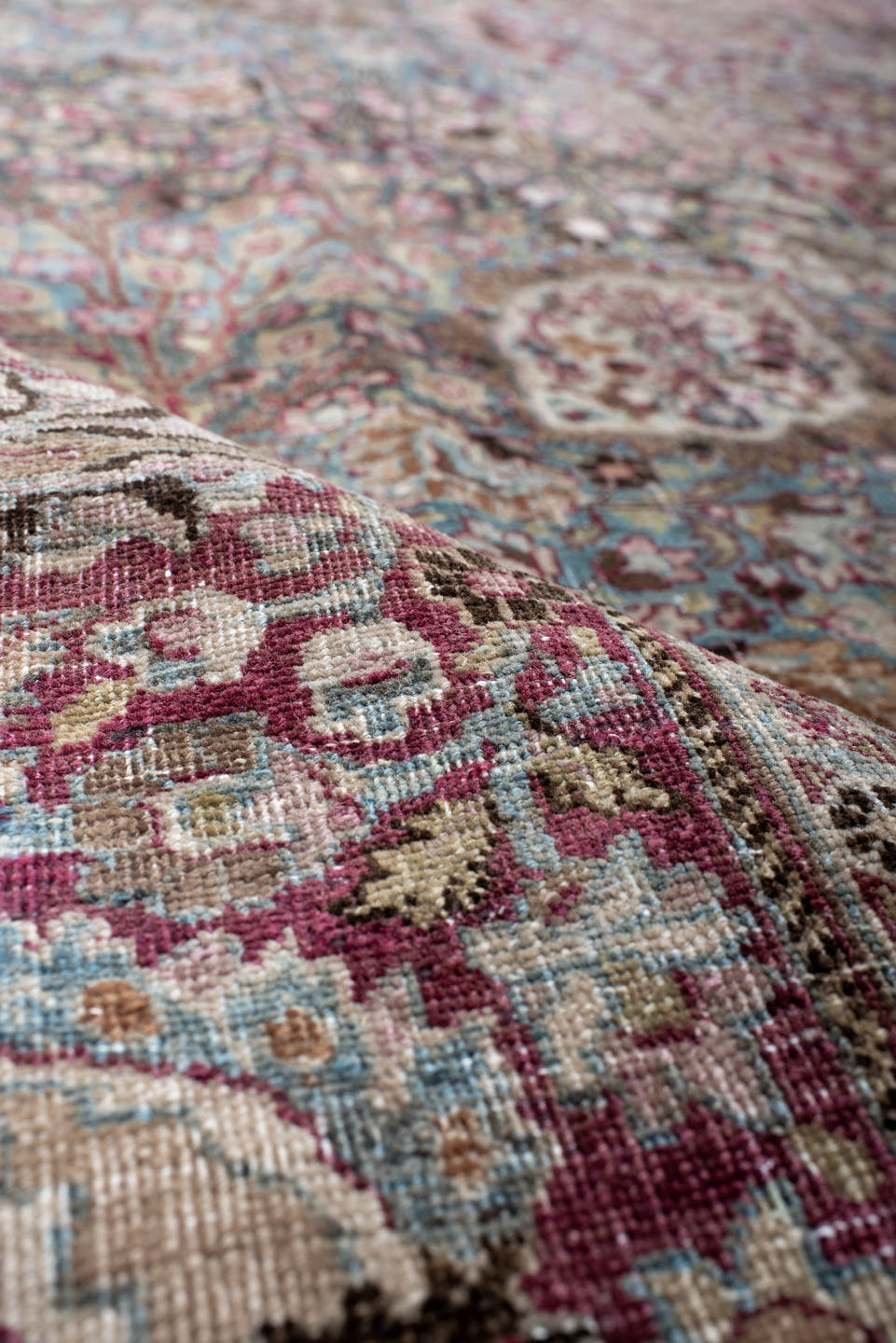 11' x 15' one-of-a-kind handmade antique Meshed oversize rug. Color palette: sky blue, burgundy, ivory, rose, taupe, slate
