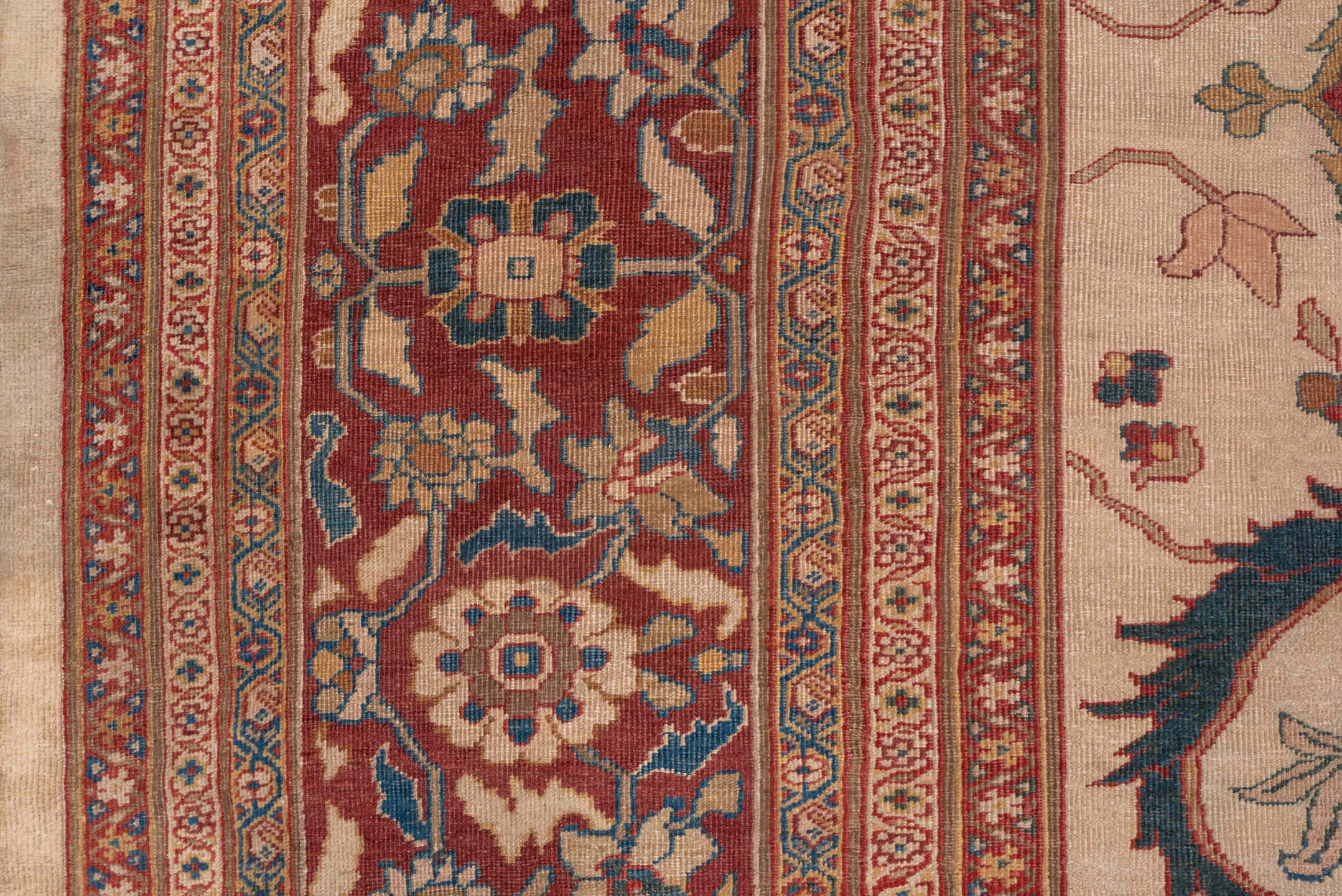 12' x 14' one-of-a-kind handmade antique Sultanabad oversize rug. Color palette: ivory, rust, brick red, indigo, soft blue
