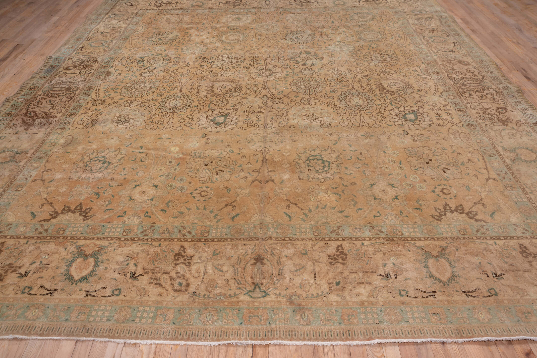 11' x 12' one-of-a-kind handmade antique Sivas oversize rug. Color palette: beige, ivory, taupe, camel, pale aqua, brown