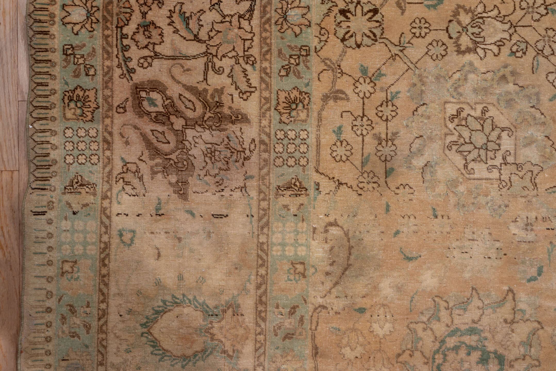 11' x 12' one-of-a-kind handmade antique Sivas oversize rug. Color palette: beige, ivory, taupe, camel, pale aqua, brown