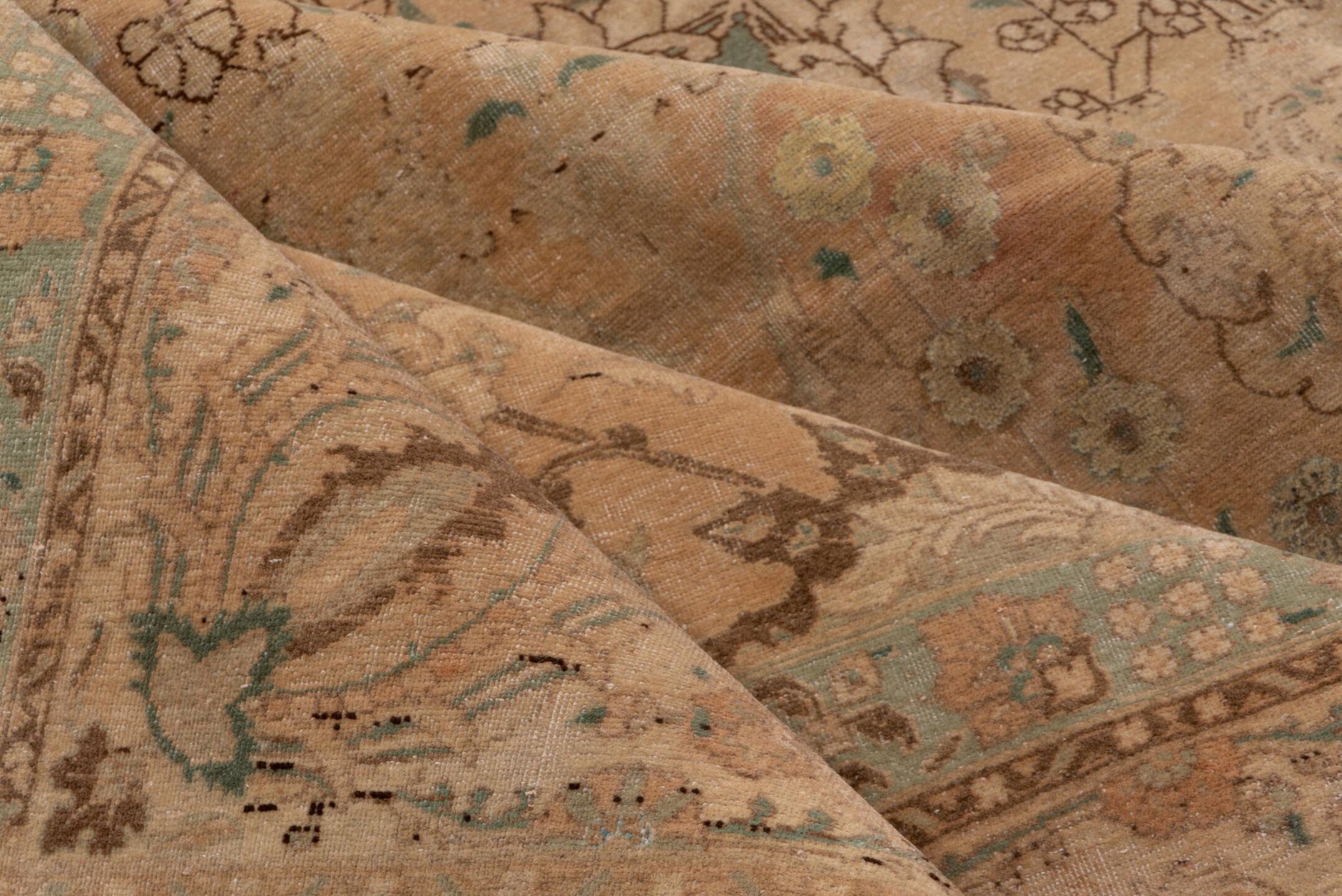 11' x 12' one-of-a-kind handmade antique Sivas oversize rug. Color palette: beige, ivory, taupe, camel, pale aqua, brown