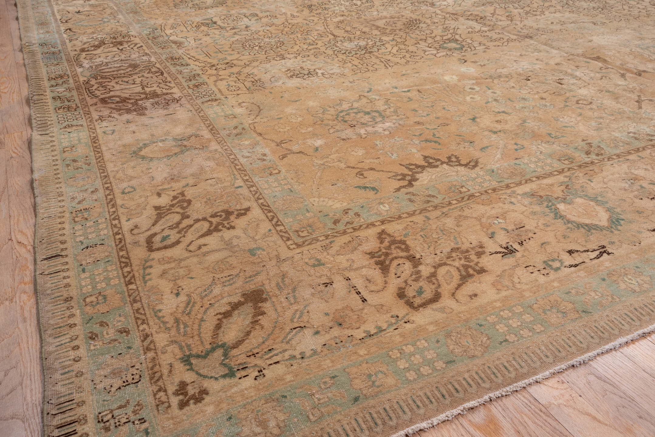 11' x 12' one-of-a-kind handmade antique Sivas oversize rug. Color palette: beige, ivory, taupe, camel, pale aqua, brown