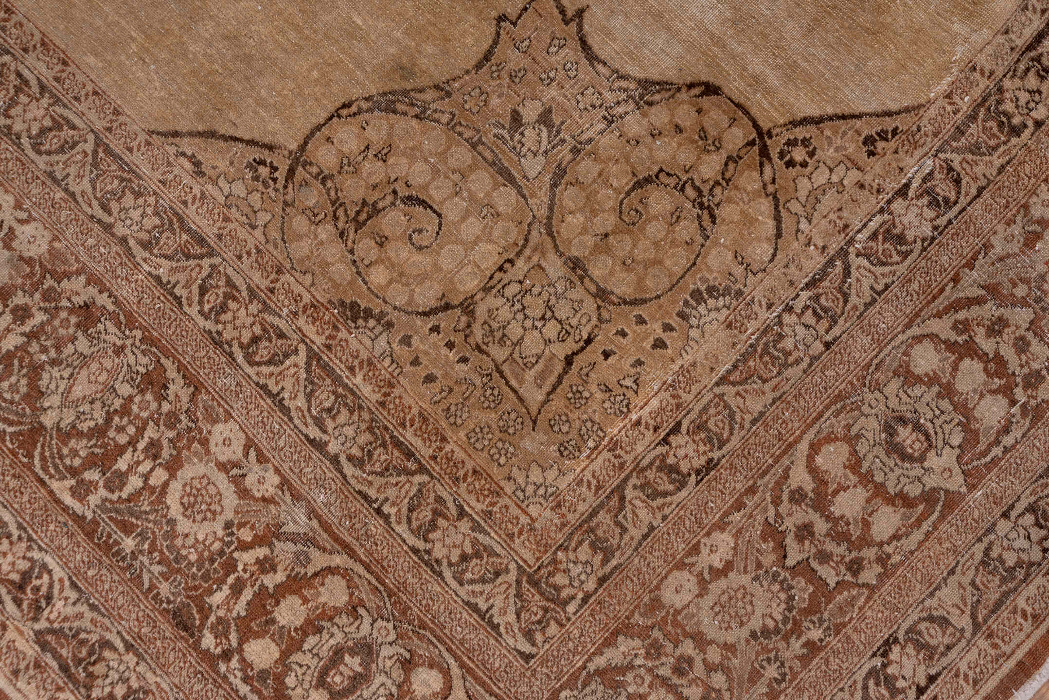 9' x 12' one-of-a-kind handmade antique Tabriz large size rug. Color palette: camel, taupe, brown, ivory, beige, gray