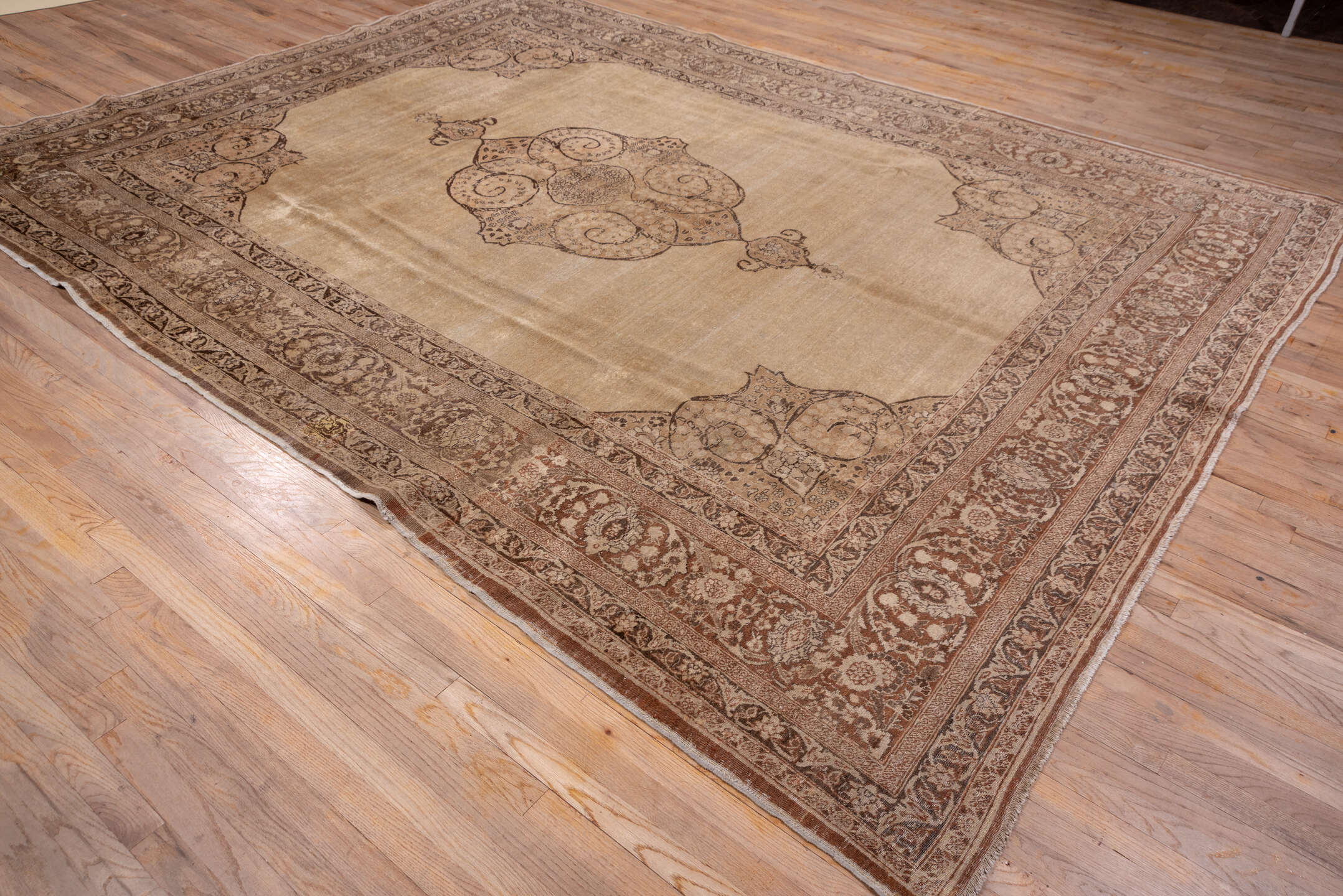 9' x 12' one-of-a-kind handmade antique Tabriz large size rug. Color palette: camel, taupe, brown, ivory, beige, gray