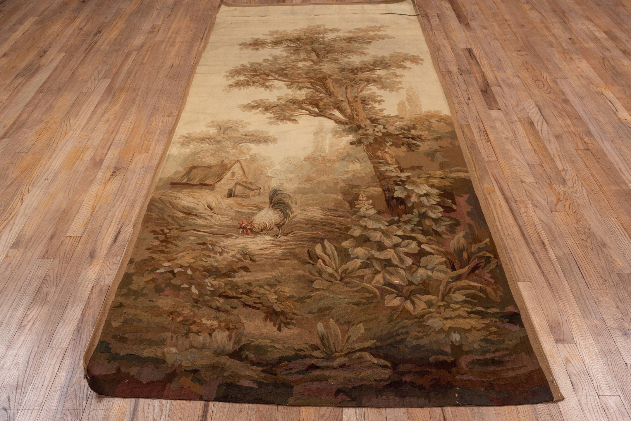 4' x 10' one-of-a-kind handmade vintage Tapestry runner rug. Color palette: beige, taupe, brown, camel, ivory, mahogany