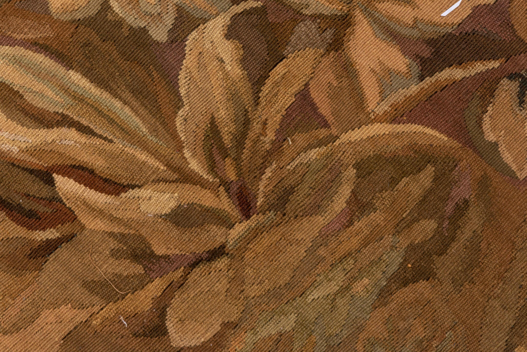 4' x 10' one-of-a-kind handmade vintage Tapestry runner rug. Color palette: beige, taupe, brown, camel, ivory, mahogany
