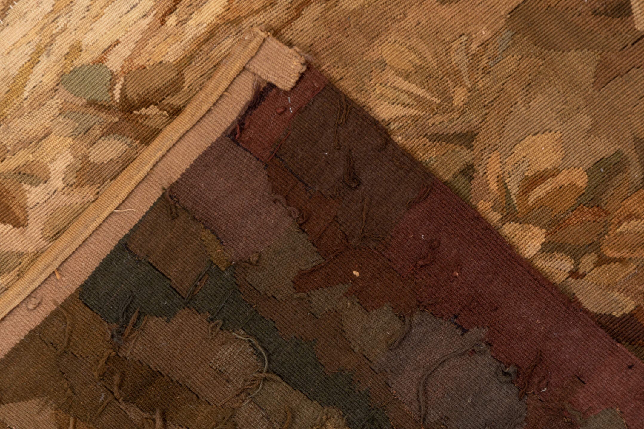 4' x 10' one-of-a-kind handmade vintage Tapestry runner rug. Color palette: beige, taupe, brown, camel, ivory, mahogany
