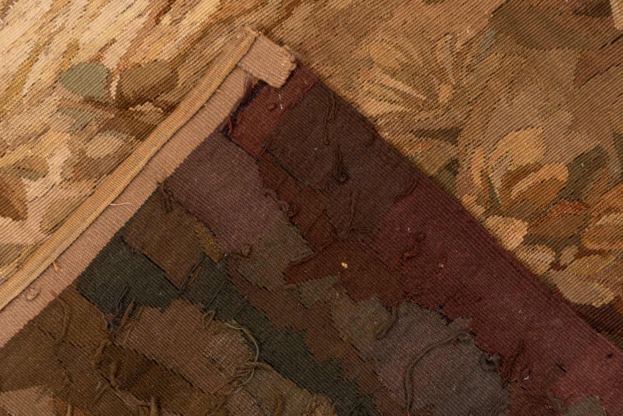 4' x 10' one-of-a-kind handmade vintage Tapestry runner rug. Color palette: beige, taupe, brown, camel, ivory, mahogany
