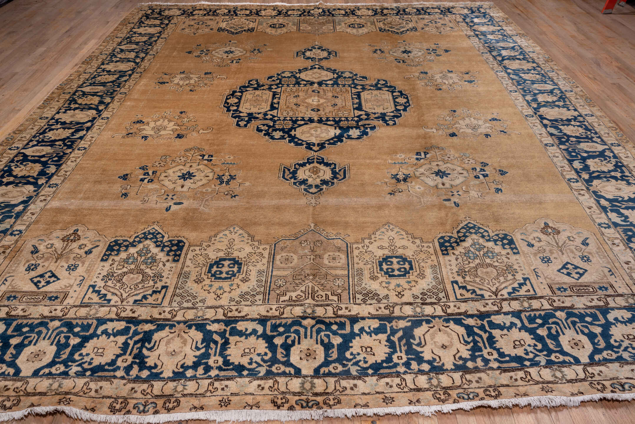 11' x 15' one-of-a-kind handmade antique Tabriz oversize rug. Color palette: camel, cobalt, ivory, beige, taupe, blue, gray
