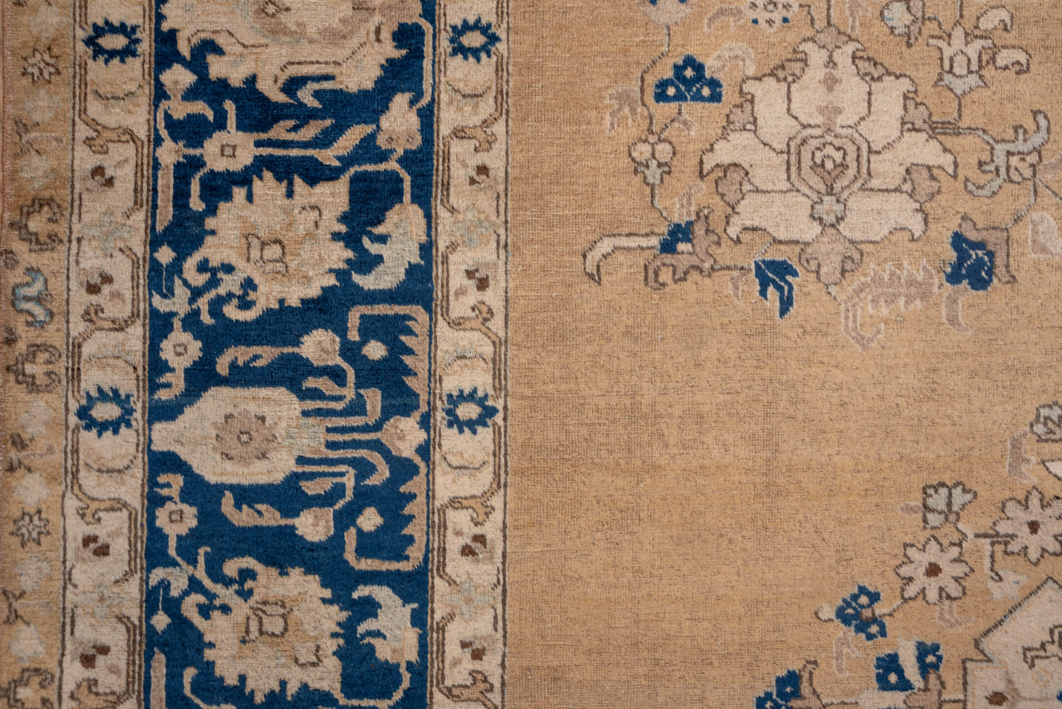 11' x 15' one-of-a-kind handmade antique Tabriz oversize rug. Color palette: camel, cobalt, ivory, beige, taupe, blue, gray