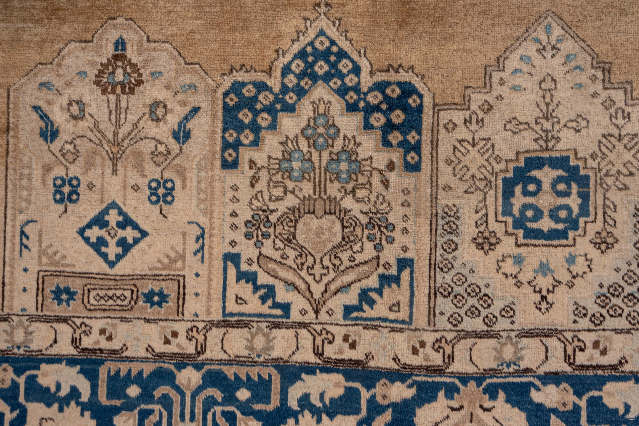 11' x 15' one-of-a-kind handmade antique Tabriz oversize rug. Color palette: camel, cobalt, ivory, beige, taupe, blue, gray