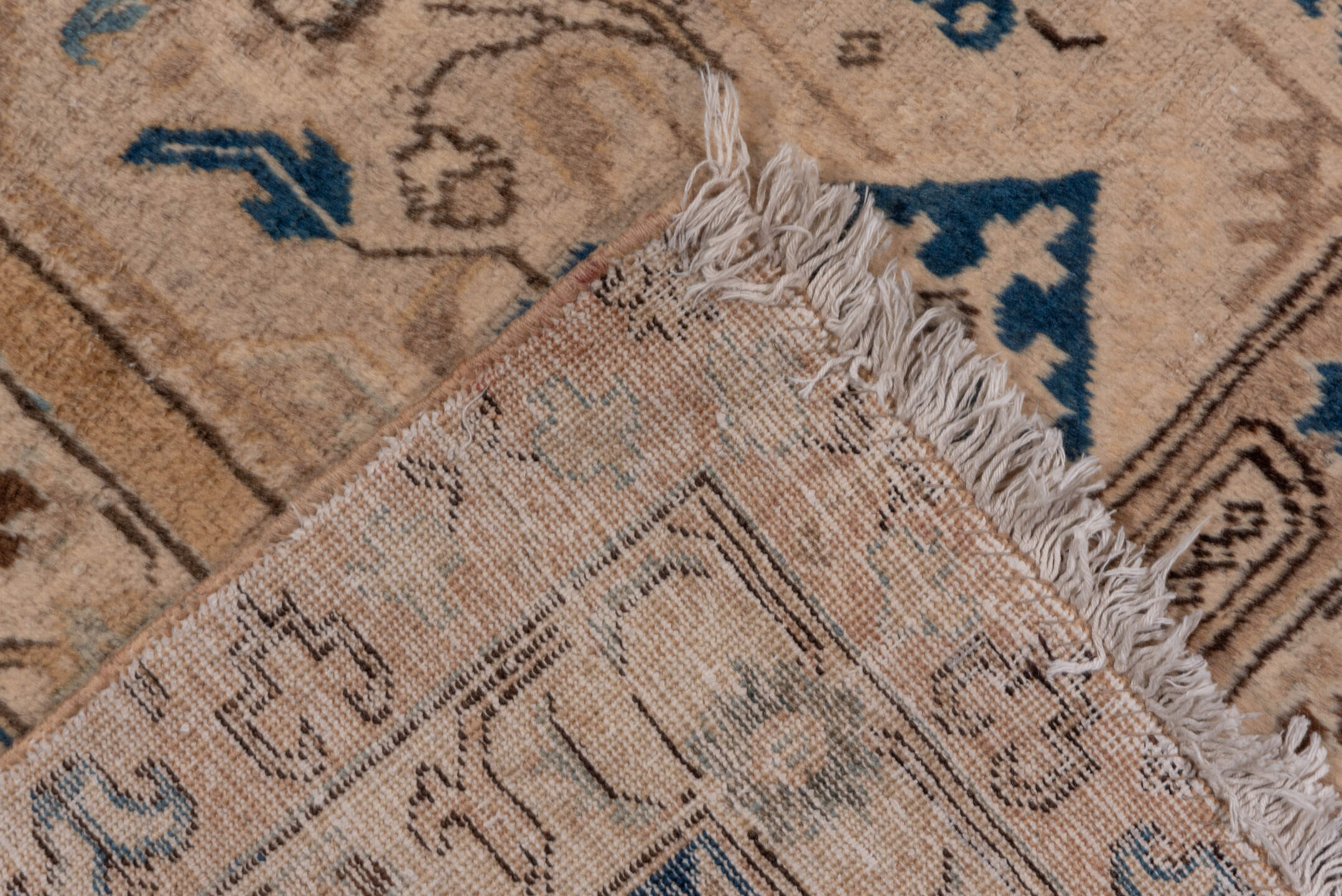 11' x 15' one-of-a-kind handmade antique Tabriz oversize rug. Color palette: camel, cobalt, ivory, beige, taupe, blue, gray