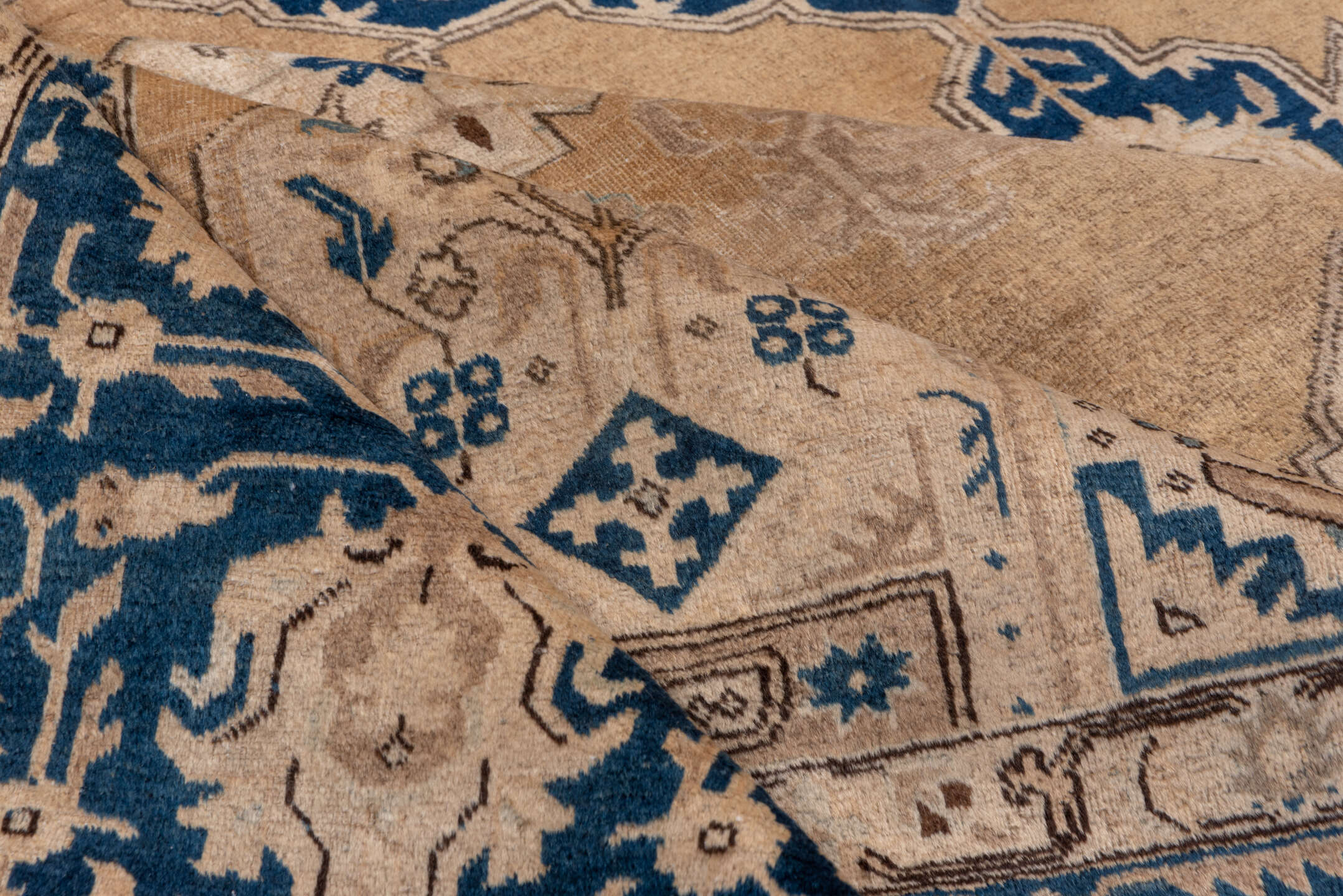 11' x 15' one-of-a-kind handmade antique Tabriz oversize rug. Color palette: camel, cobalt, ivory, beige, taupe, blue, gray