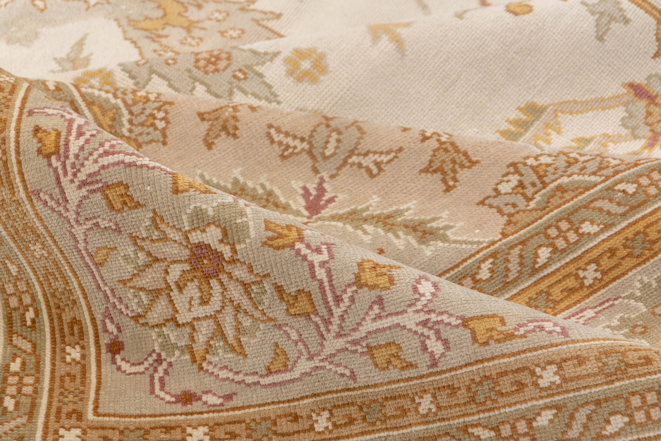 8' x 11' one-of-a-kind handmade antique Oushak large size rug. Color palette: ivory, taupe, gold, blush, sage, camel, rose