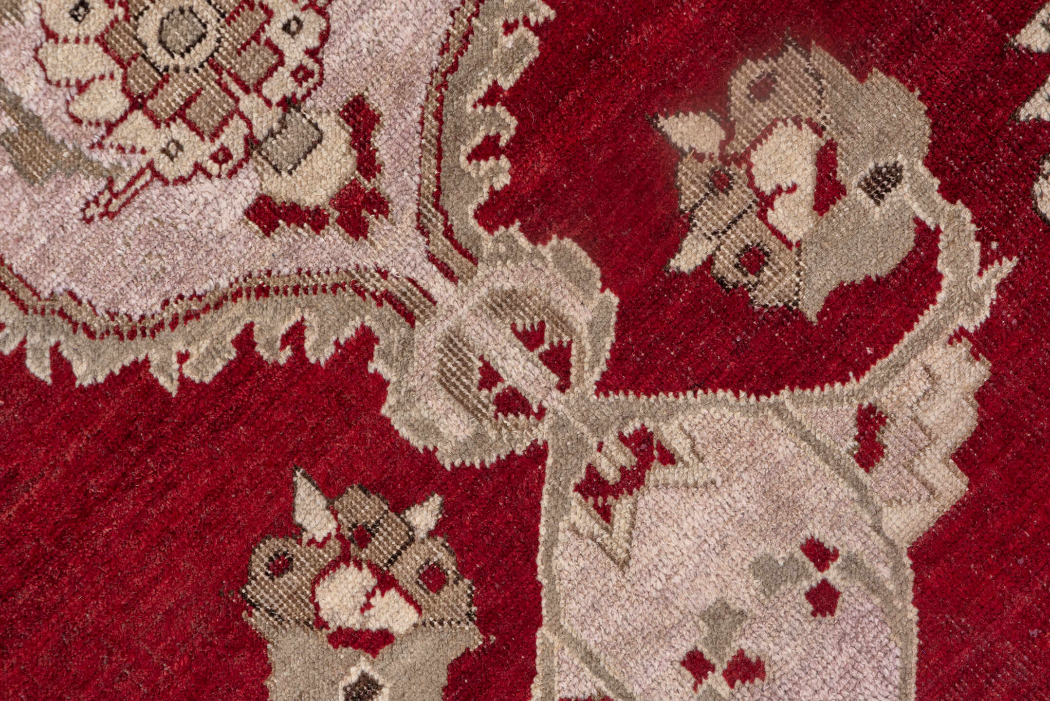 7' x 10' one-of-a-kind handmade vintage Oushak large size rug. Color palette: crimson, ivory, taupe, rose, burgundy, red