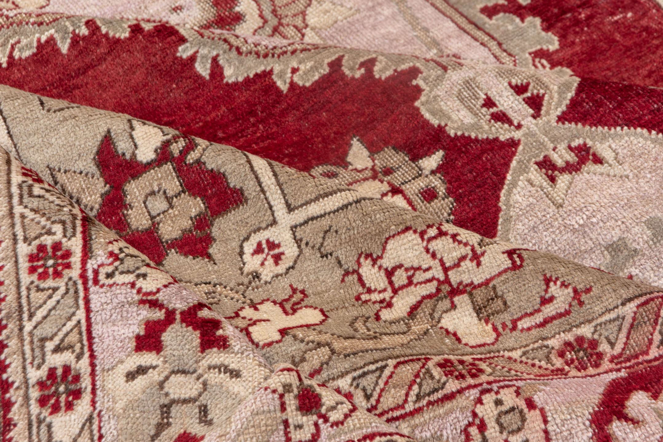7' x 10' one-of-a-kind handmade vintage Oushak large size rug. Color palette: crimson, ivory, taupe, rose, burgundy, red