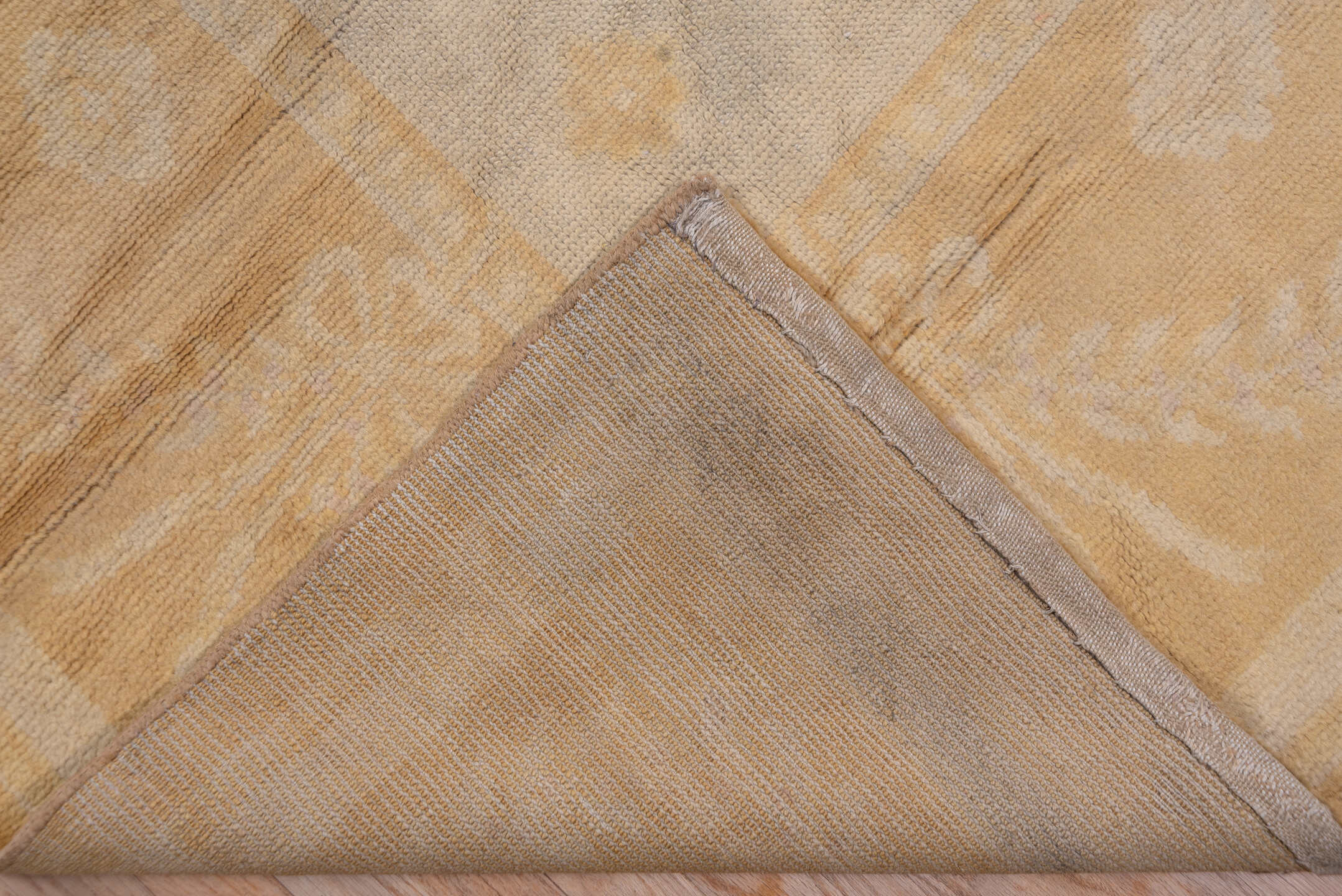 10' x 17' one-of-a-kind handmade vintage Savonnerie rug. Color palette: brown, gray, off-white, orange, pink, tan