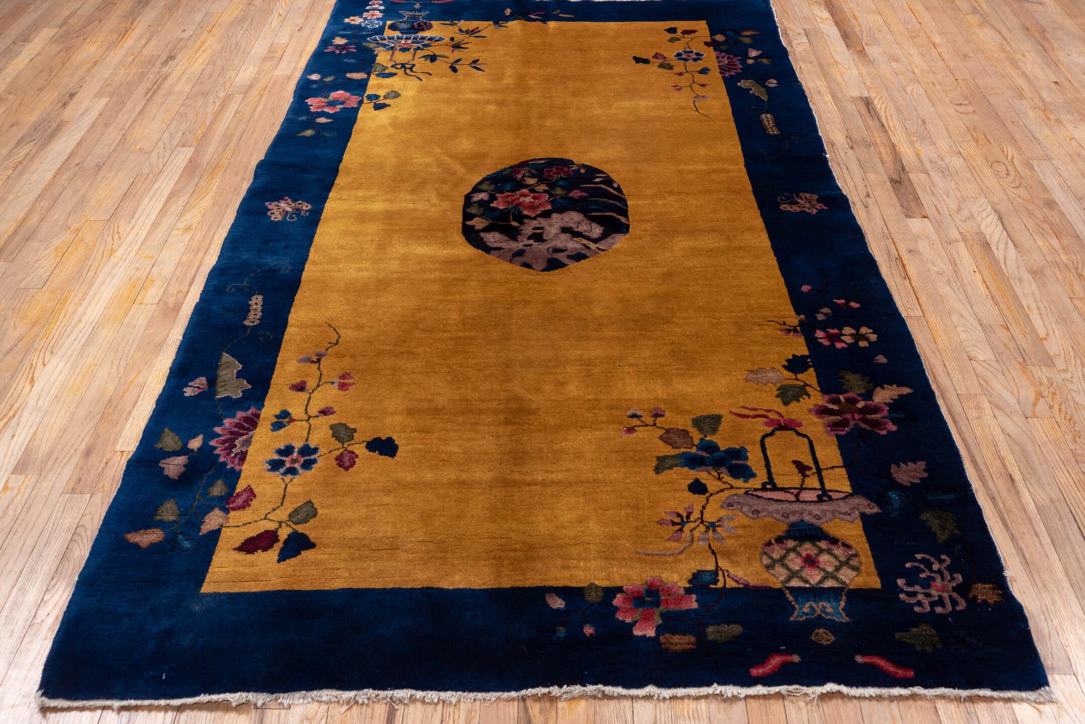 5' x 9' one-of-a-kind handmade antique Chinese medium size rug. Color palette: gold, cobalt, ivory, rose, sage, lavender