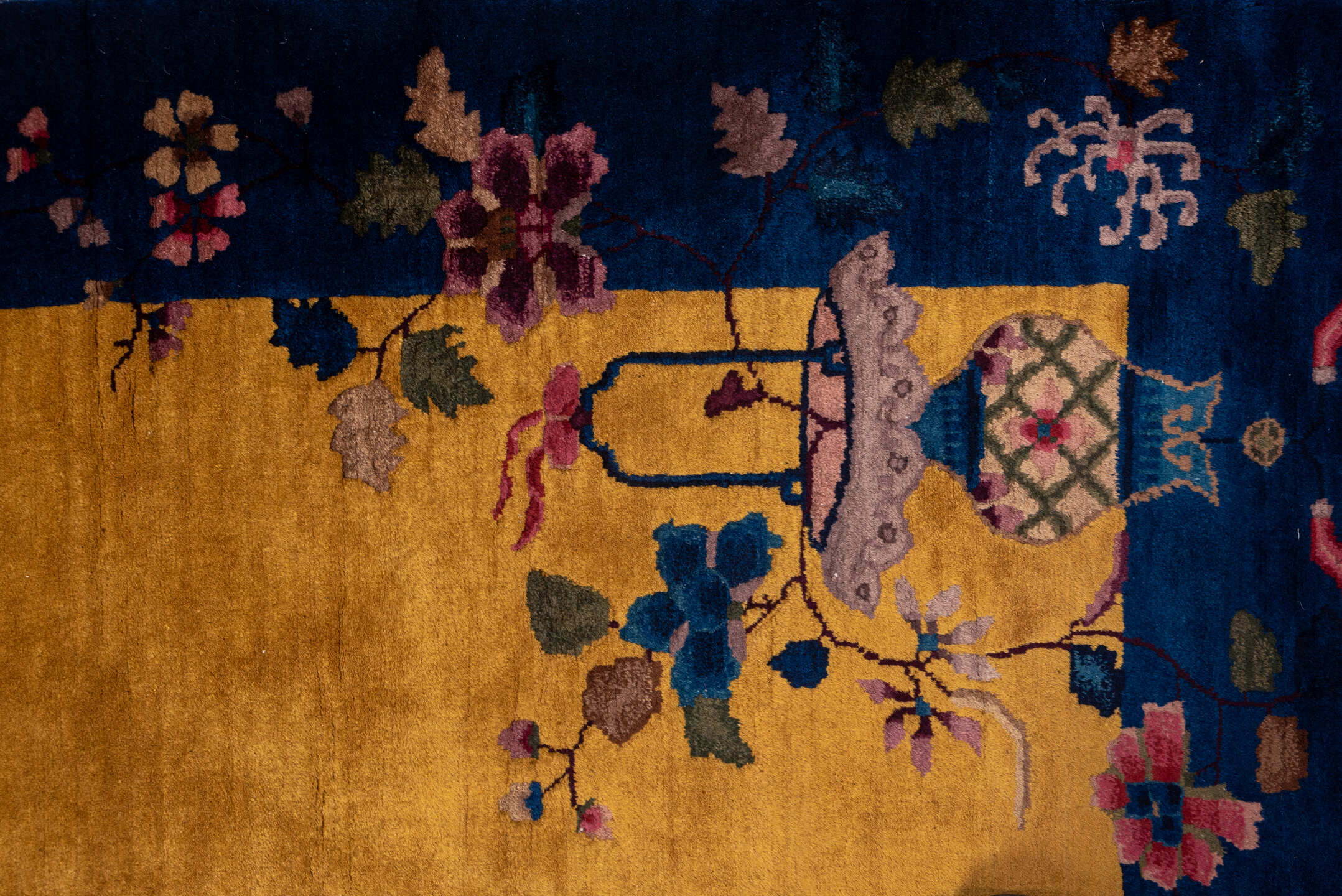 5' x 9' one-of-a-kind handmade antique Chinese medium size rug. Color palette: gold, cobalt, ivory, rose, sage, lavender