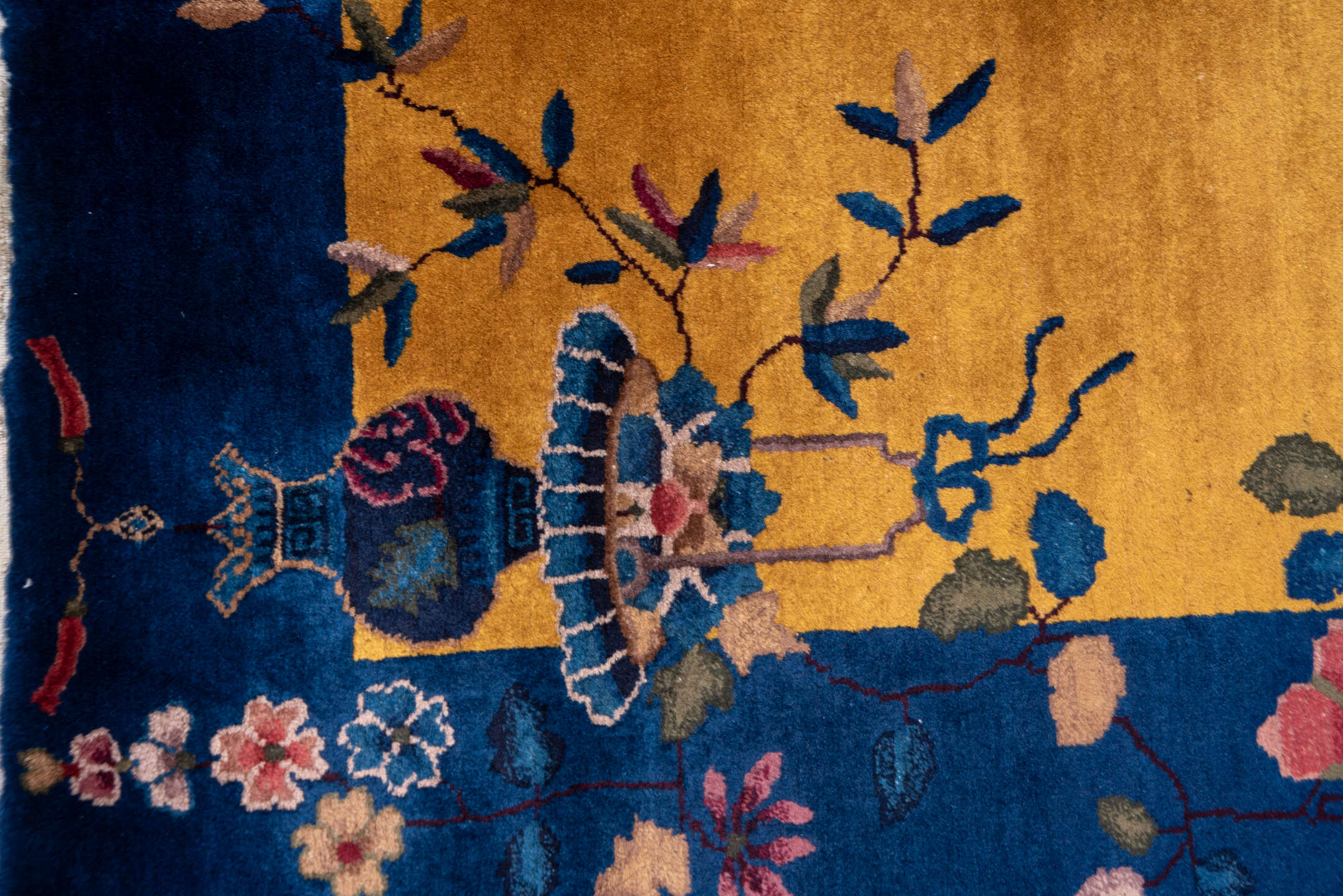 5' x 9' one-of-a-kind handmade antique Chinese medium size rug. Color palette: gold, cobalt, ivory, rose, sage, lavender