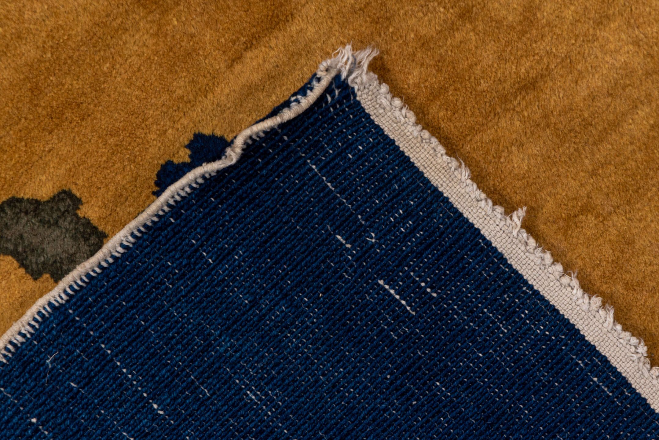 5' x 9' one-of-a-kind handmade antique Chinese medium size rug. Color palette: gold, cobalt, ivory, rose, sage, lavender