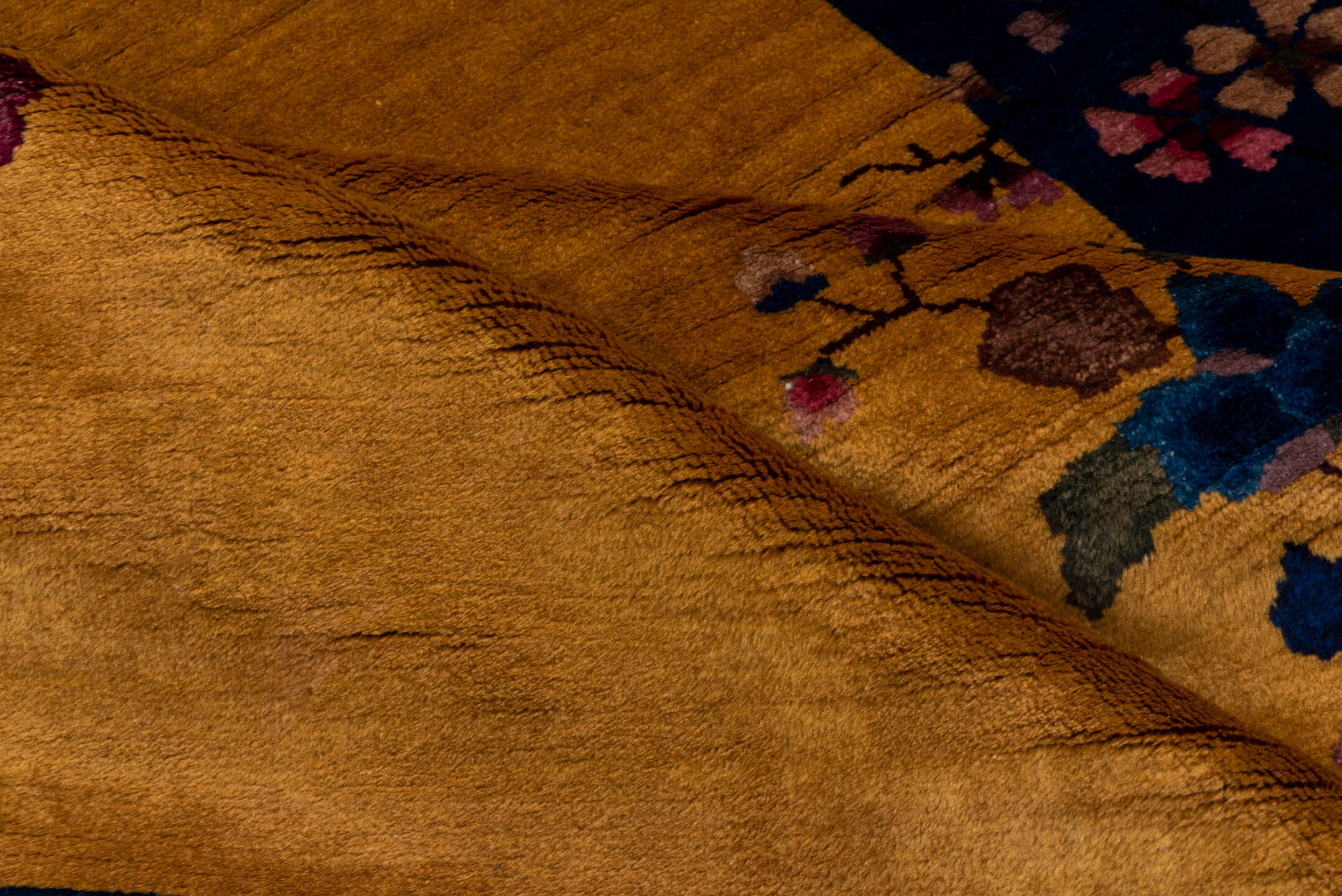 5' x 9' one-of-a-kind handmade antique Chinese medium size rug. Color palette: gold, cobalt, ivory, rose, sage, lavender