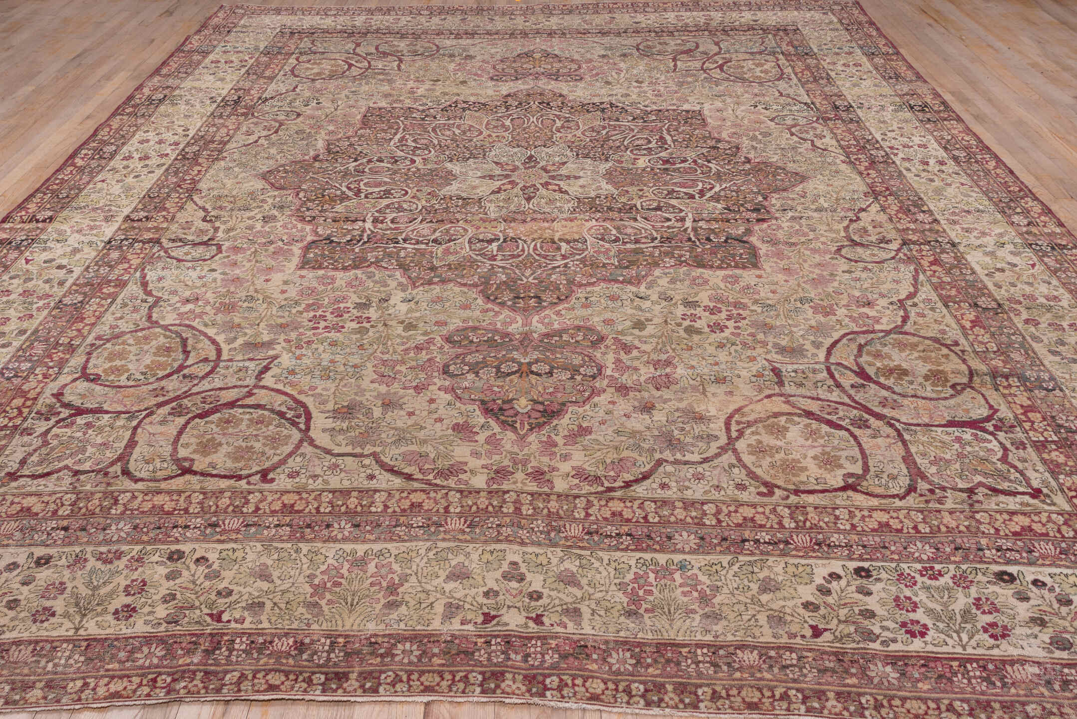 10' x 14' one-of-a-kind handmade antique Lavar large size rug. Color palette: ivory, rose, burgundy, taupe, dusty pink