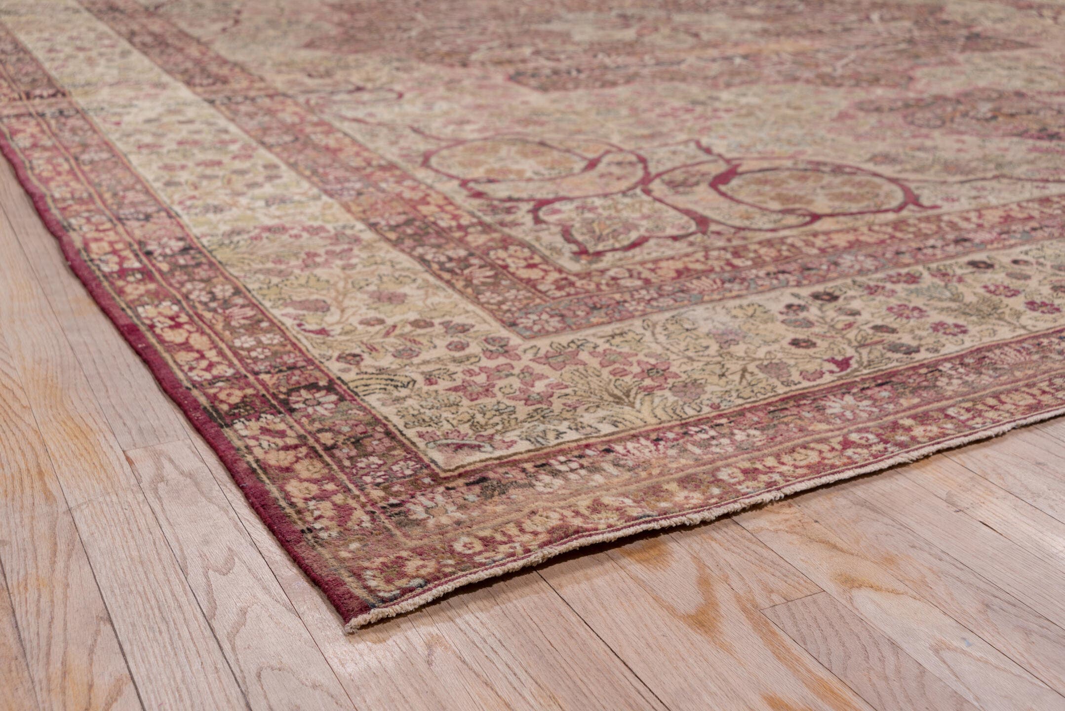 10' x 14' one-of-a-kind handmade antique Lavar large size rug. Color palette: ivory, rose, burgundy, taupe, dusty pink