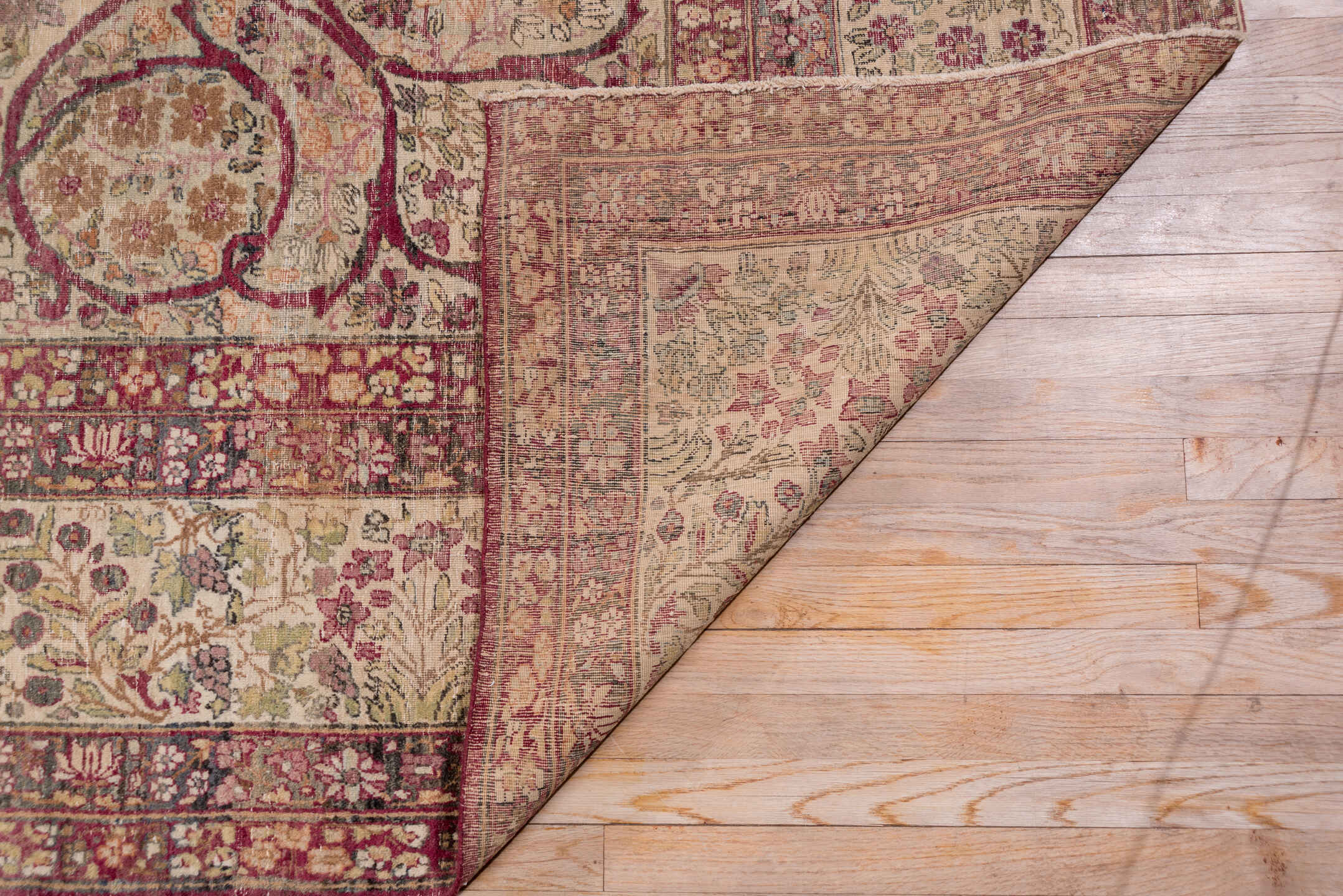 10' x 14' one-of-a-kind handmade antique Lavar large size rug. Color palette: ivory, rose, burgundy, taupe, dusty pink