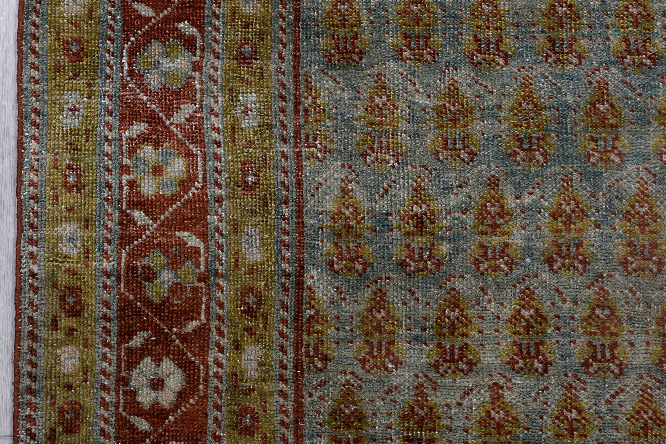3' x 17' one-of-a-kind handmade antique Malayer runner rug. Color palette: sky blue, rust, ivory, camel, taupe, slate, brown