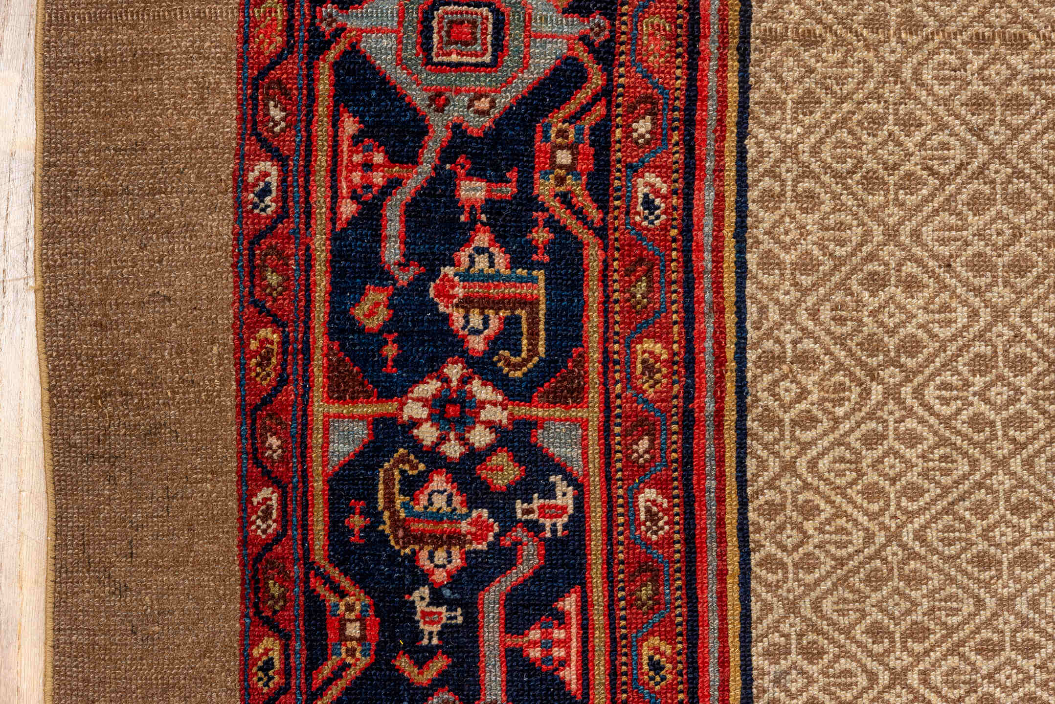 6' x 12' one-of-a-kind handmade antique Cam Hamadan large size rug. Color palette: camel, navy, rust, crimson, ivory, sage