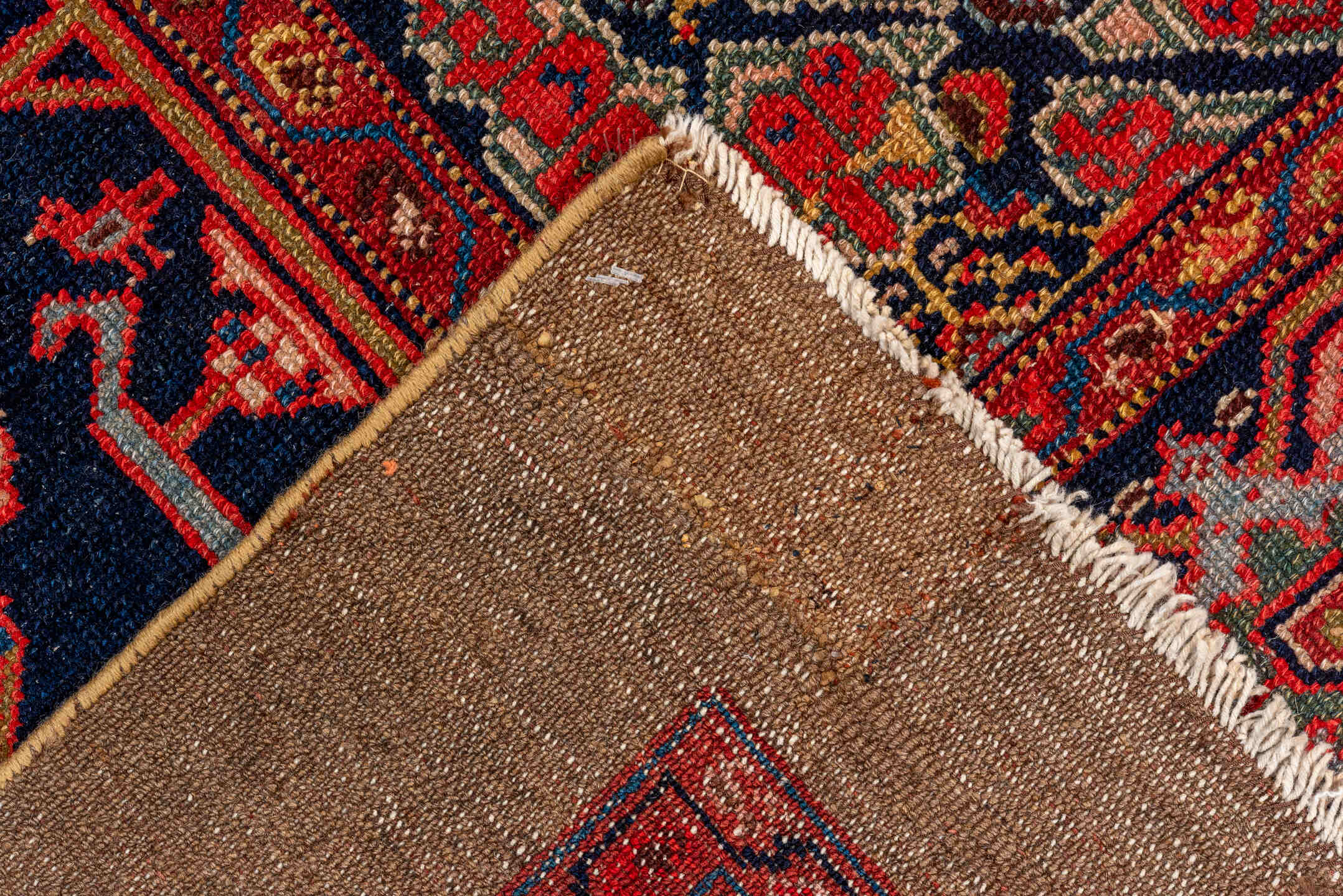 6' x 12' one-of-a-kind handmade antique Cam Hamadan large size rug. Color palette: camel, navy, rust, crimson, ivory, sage