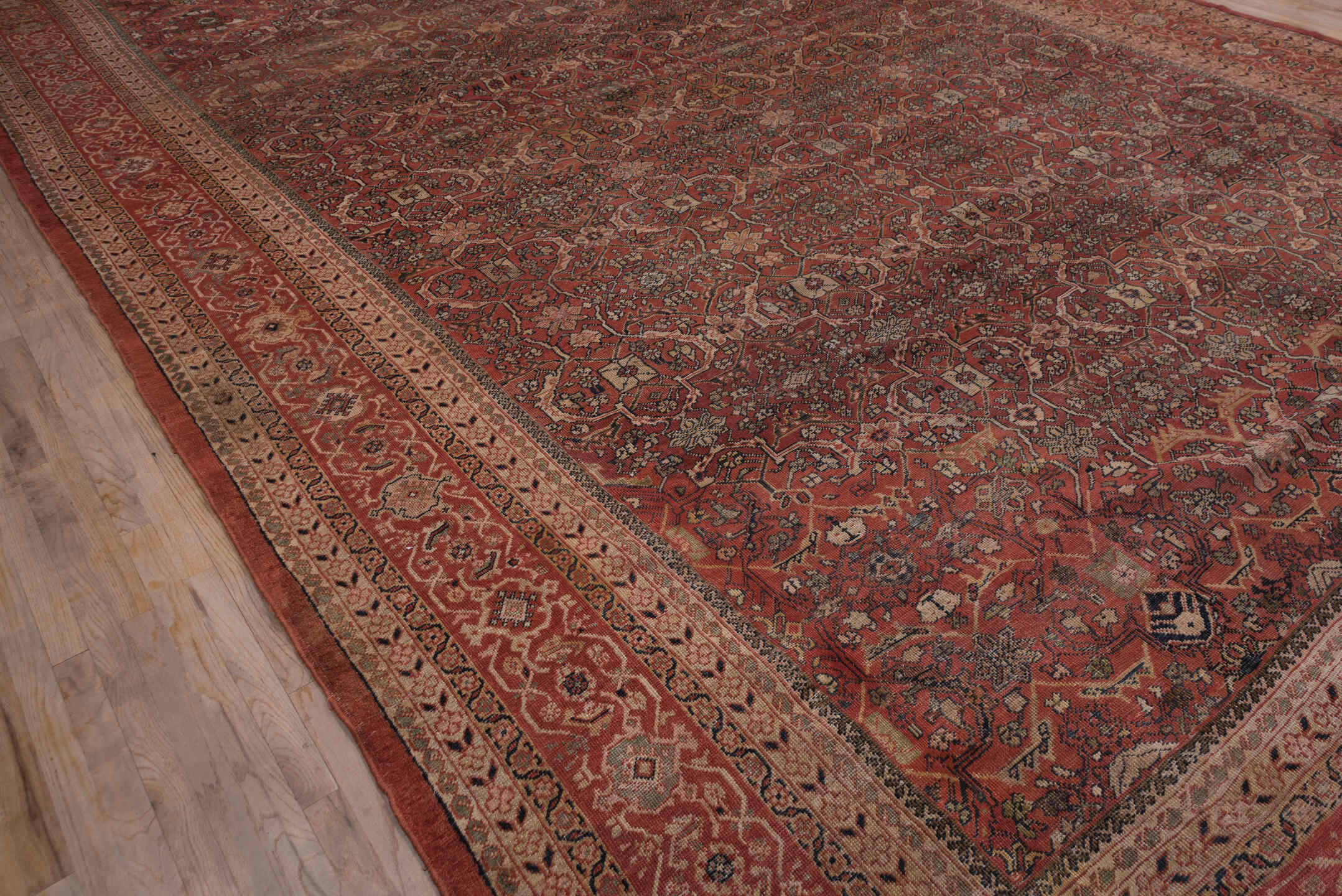 13' x 20' one-of-a-kind handmade vintage Sultanabad oversize rug. Color palette: rust, brick, burgundy, taupe, ivory