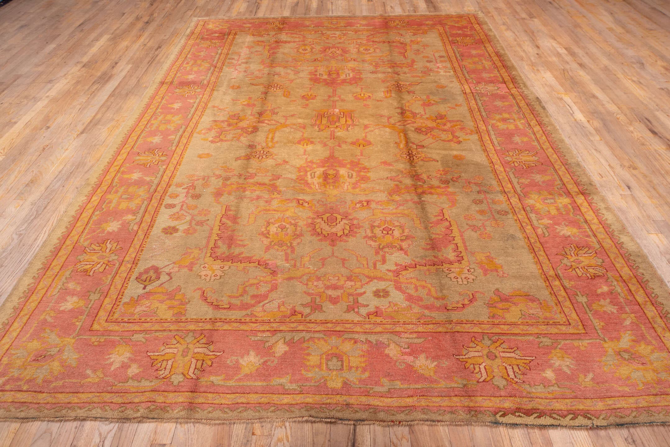 8' x 11' one-of-a-kind handmade antique Oushak large size rug. Color palette: ivory, salmon, beige, gold, blush, taupe, pink