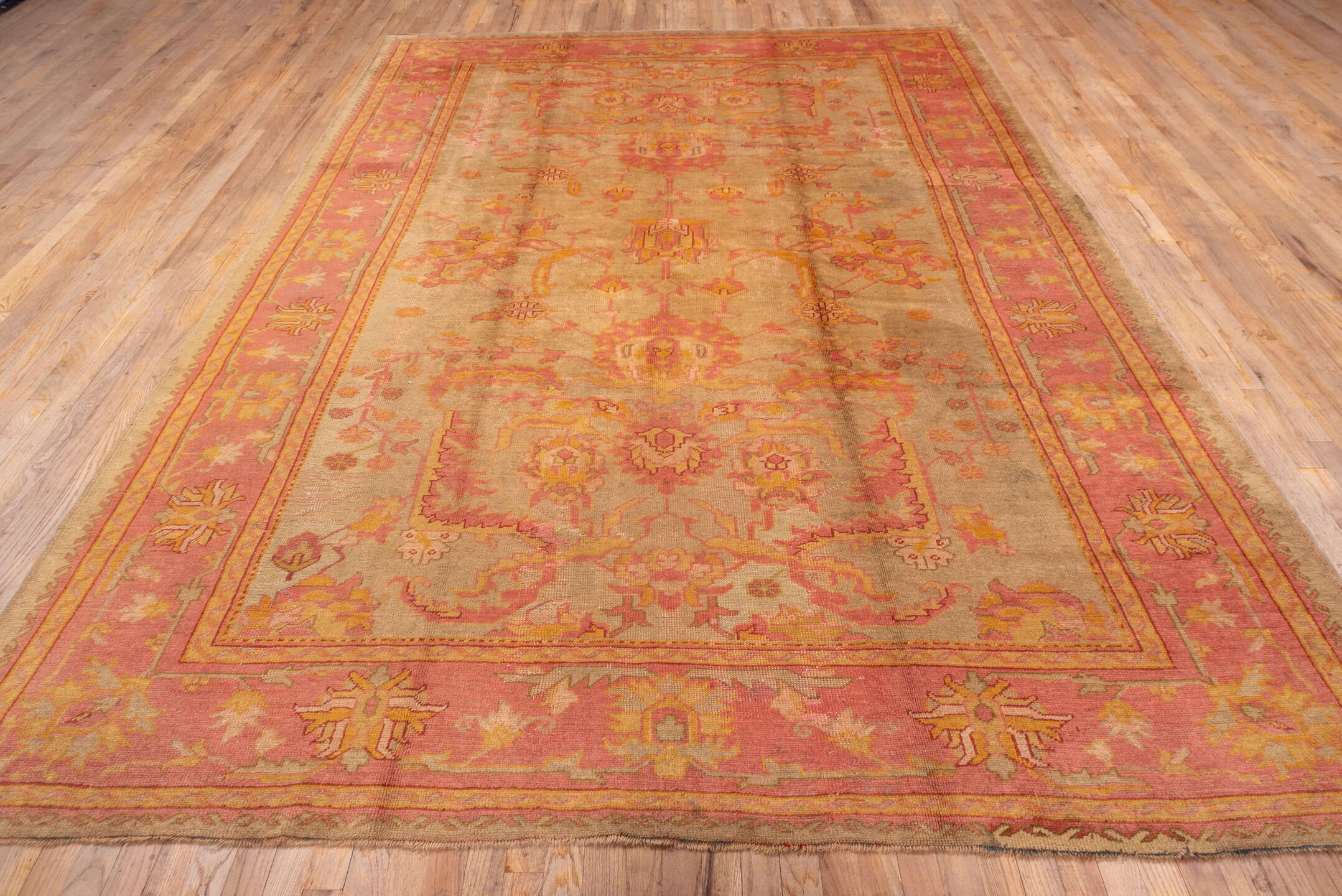 8' x 11' one-of-a-kind handmade antique Oushak large size rug. Color palette: ivory, salmon, beige, gold, blush, taupe, pink